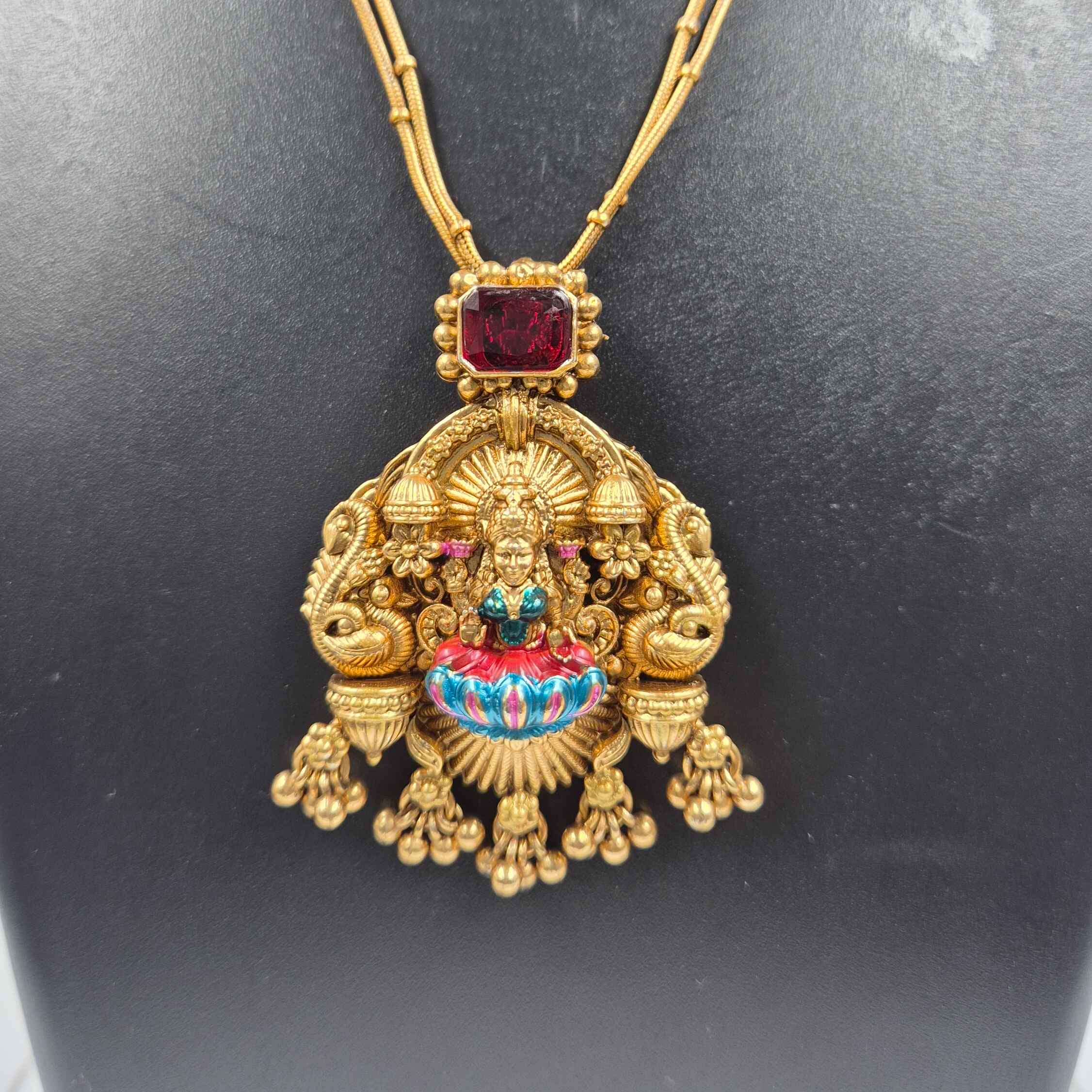 Double stranded Goddess Lakshmi Pendant Necklace Set with Ruby Red Stone and Antique Finish