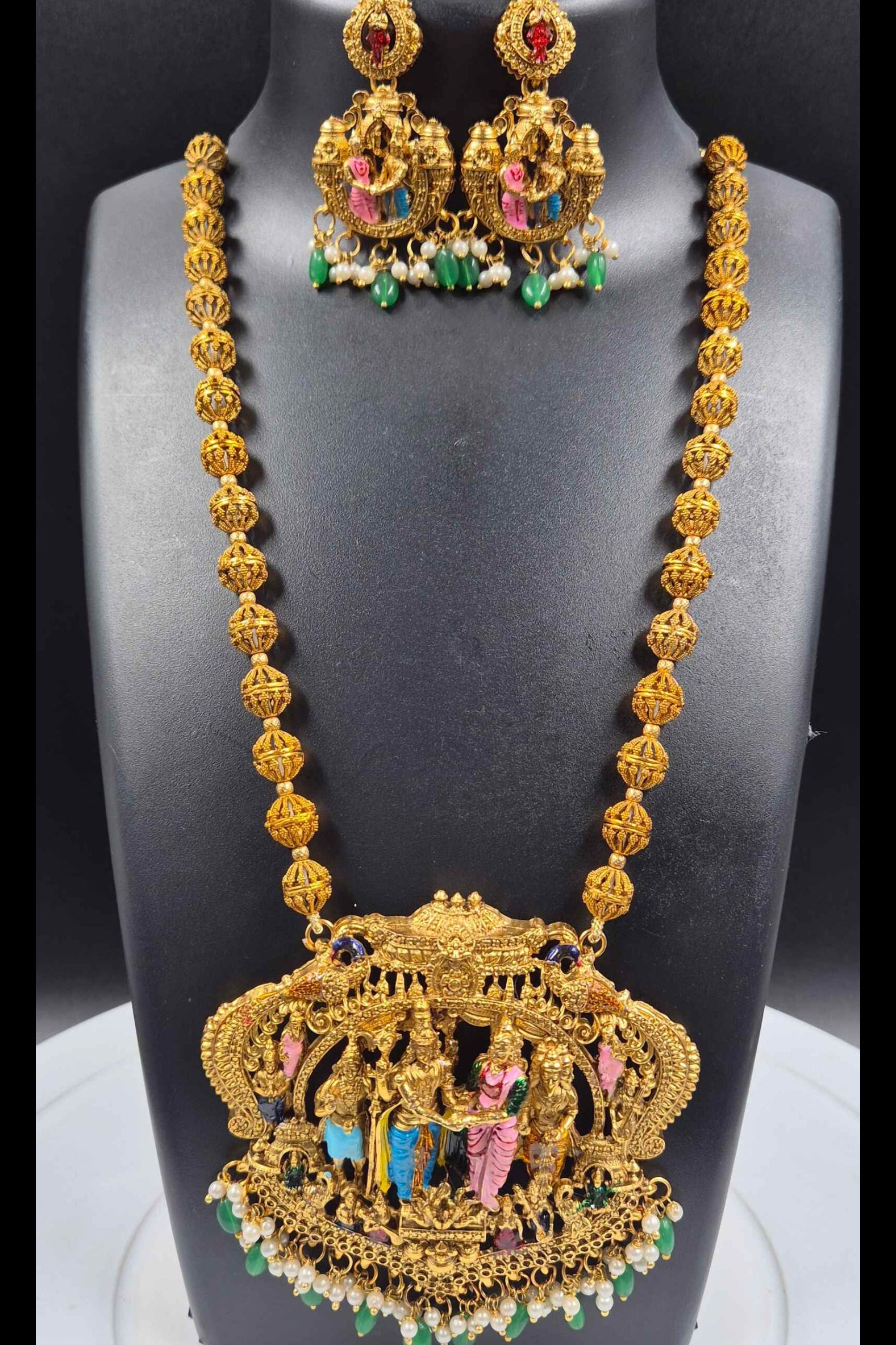 Grand Srinivasa kalyanam set,Long Haram with ball chain with Hand-Painted Motifs and Green Pearl Drops