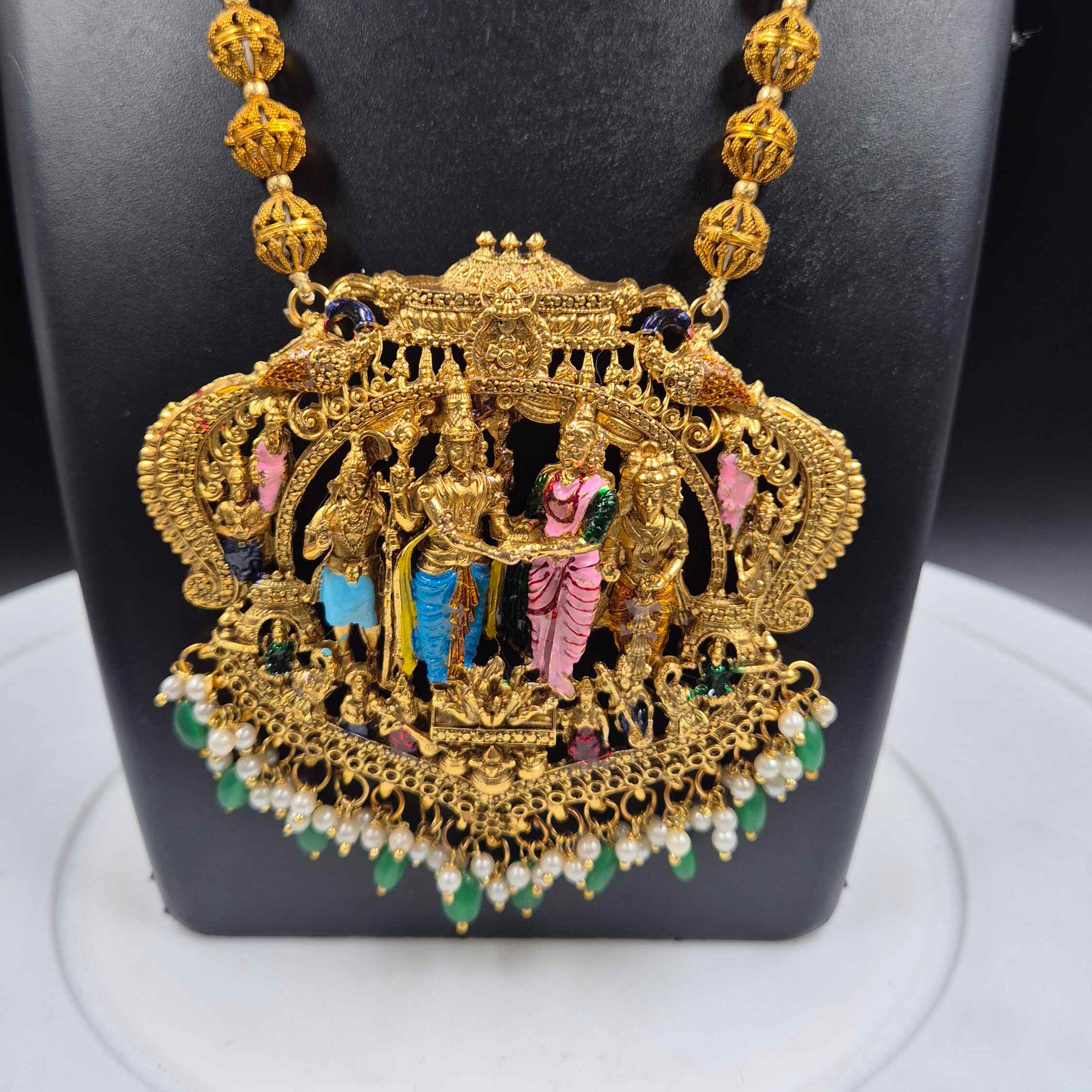 Grand Srinivasa kalyanam set,Long Haram with ball chain with Hand-Painted Motifs and Green Pearl Drops