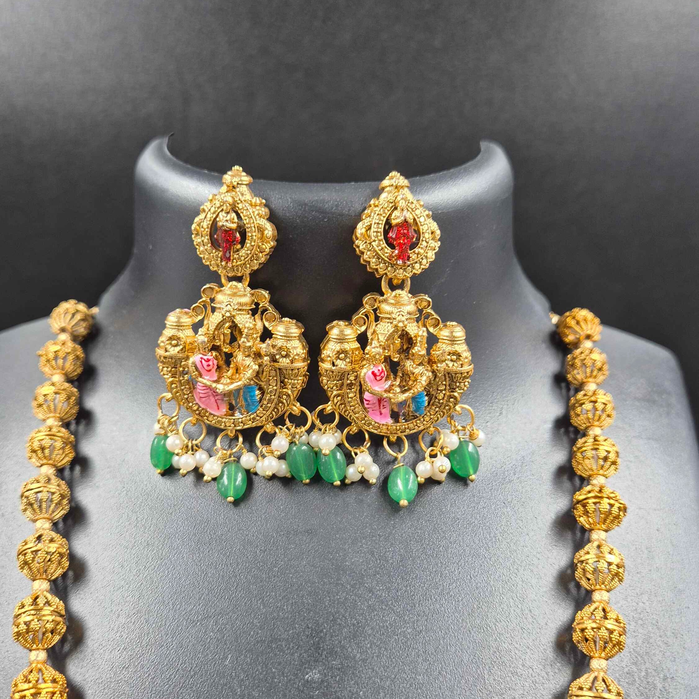 Grand Srinivasa kalyanam set,Long Haram with ball chain with Hand-Painted Motifs and Green Pearl Drops