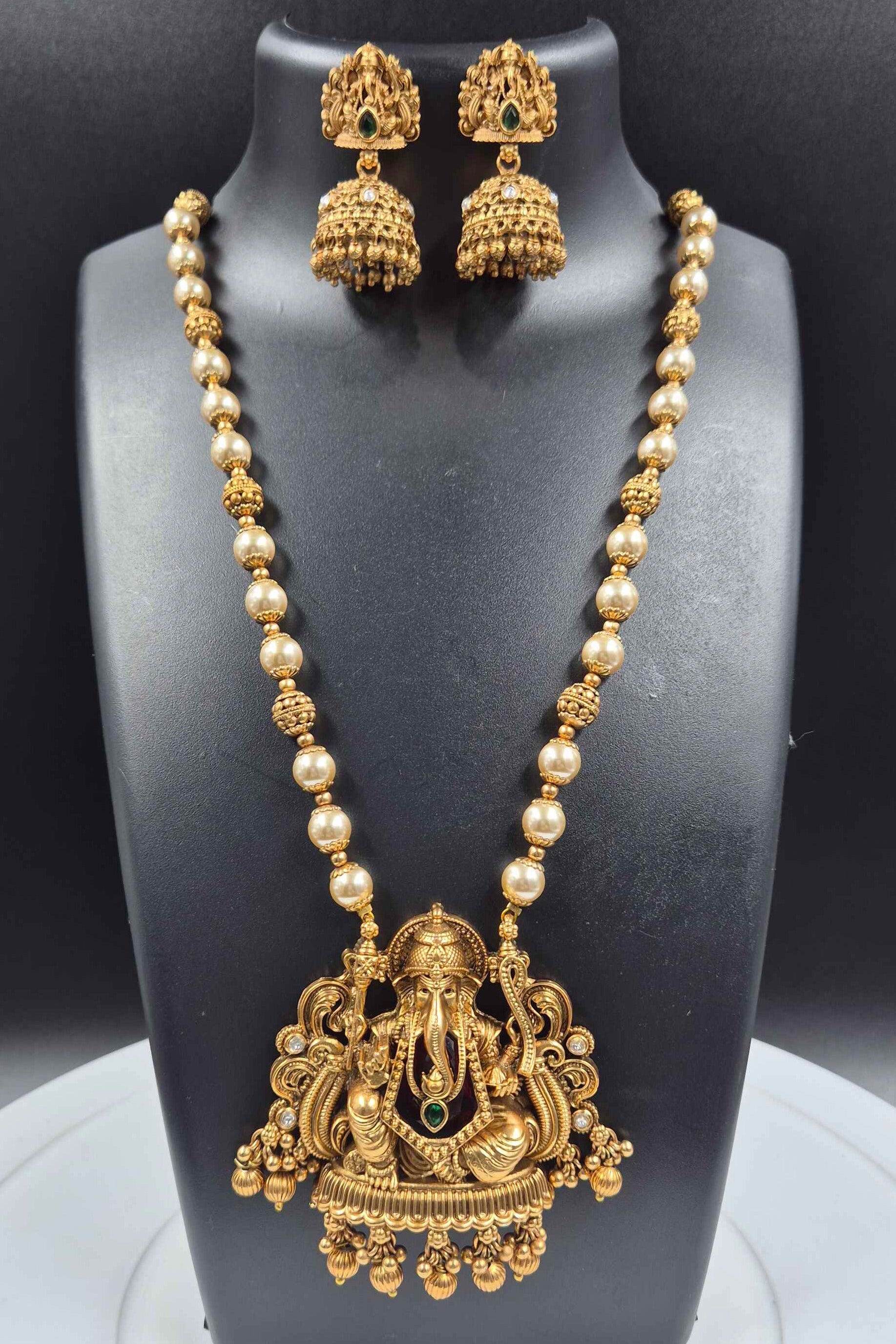 Temple Ganesha Pearl Haram Set with red heart and Antique Finish and Jhumka Earrings