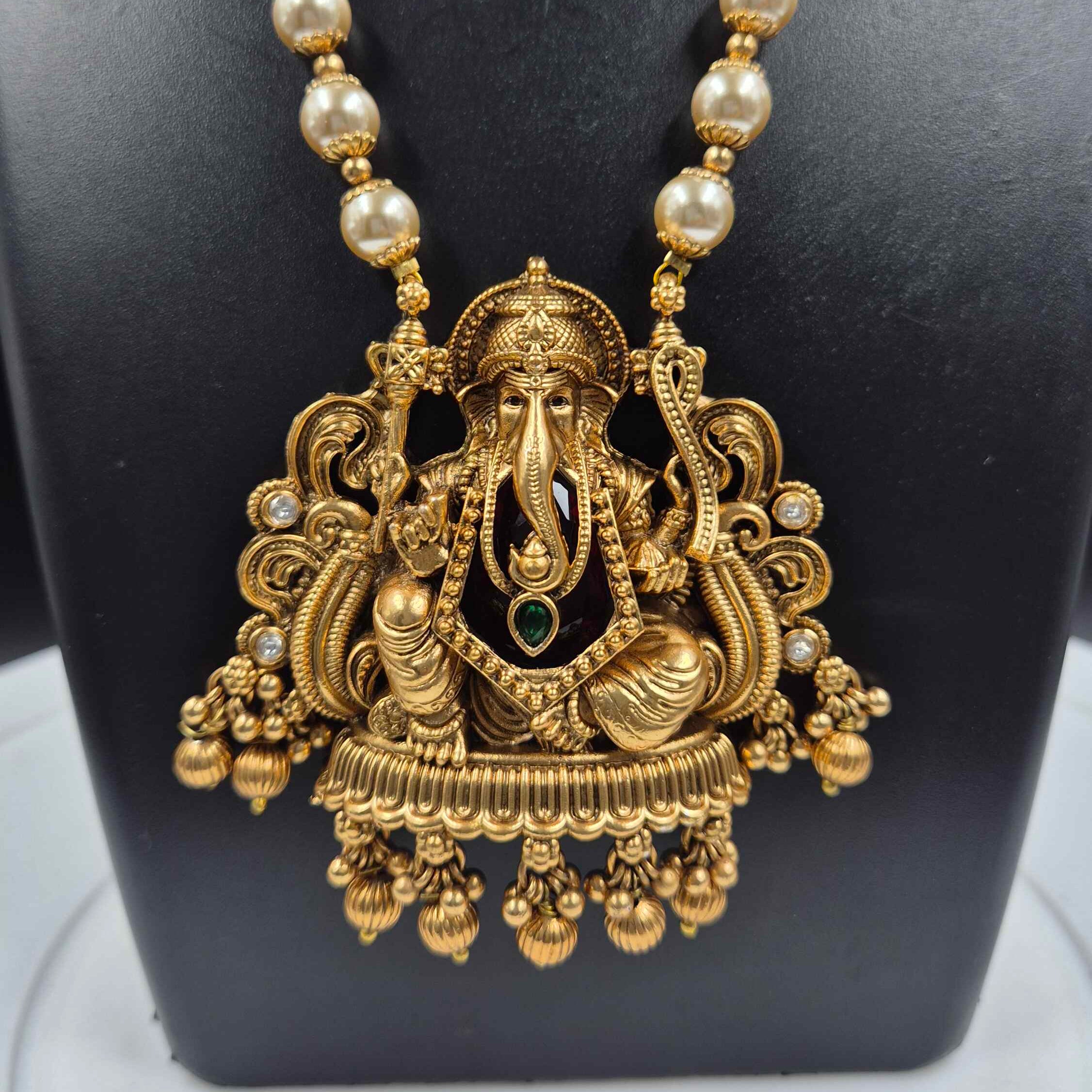 Temple Ganesha Pearl Haram Set with red heart and Antique Finish and Jhumka Earrings
