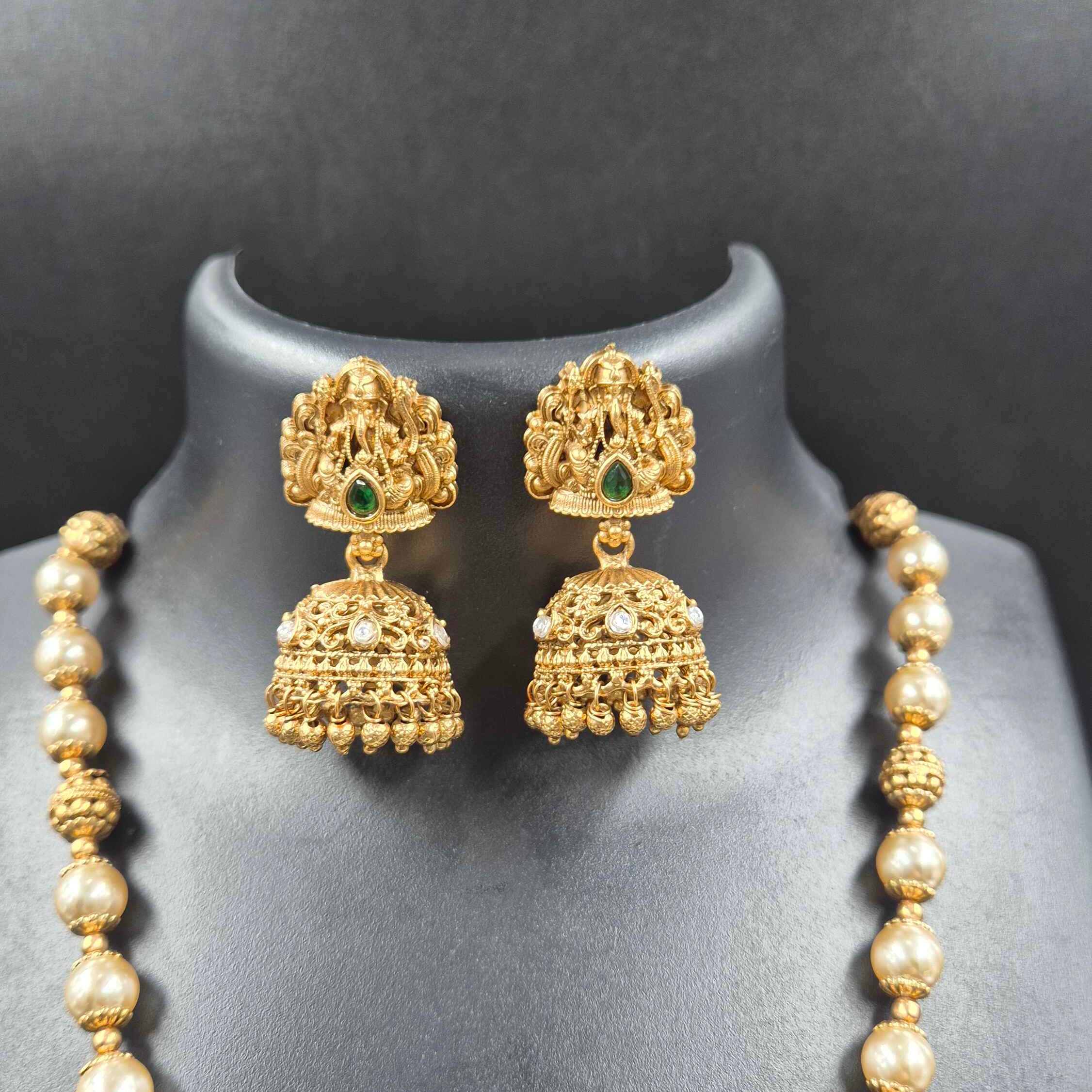 Temple Ganesha Pearl Haram Set with red heart and Antique Finish and Jhumka Earrings