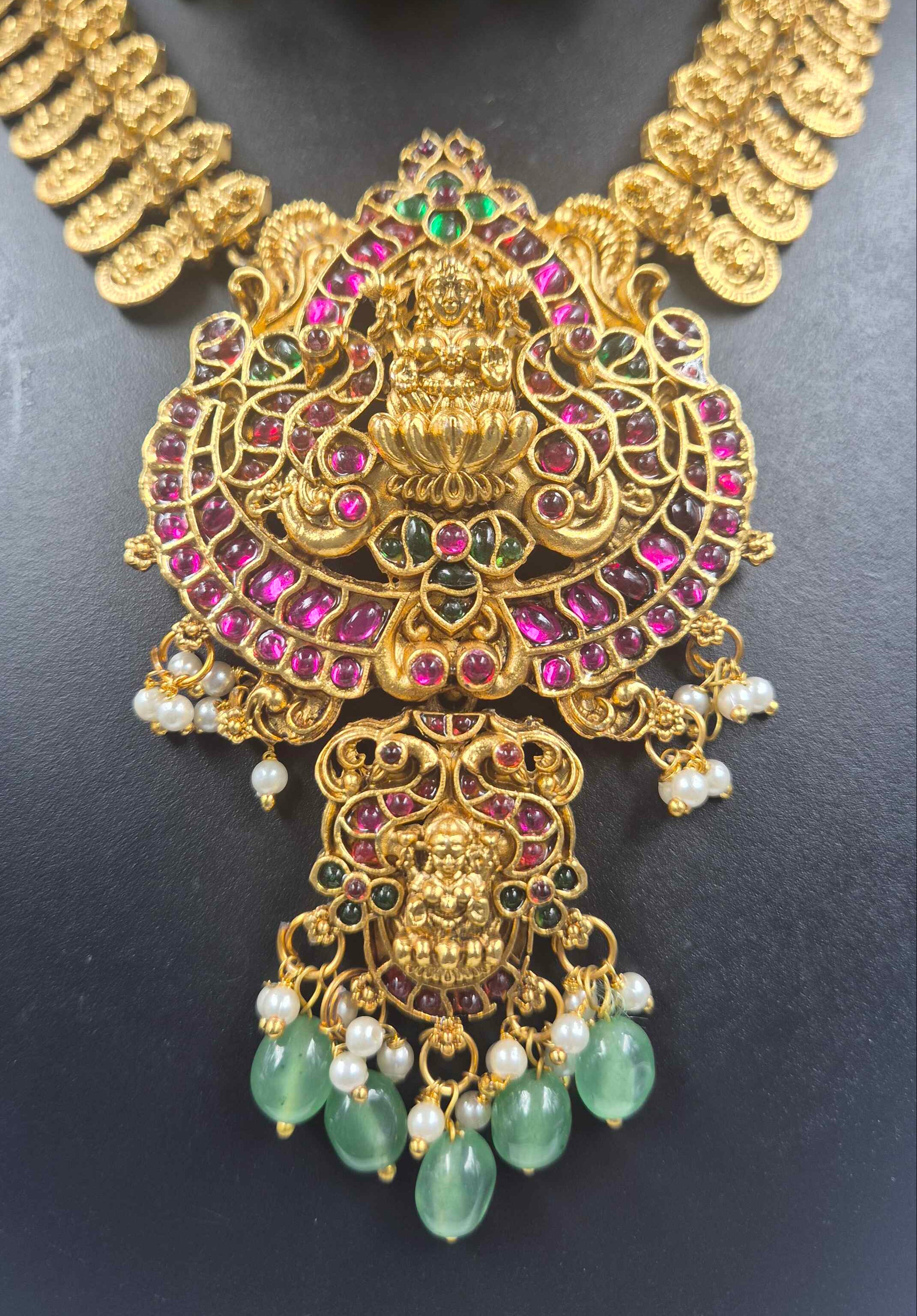 Grand Lakshmi Pendant with kasu mala Temple Necklace Set with Ruby Stones & Green Bead Drops