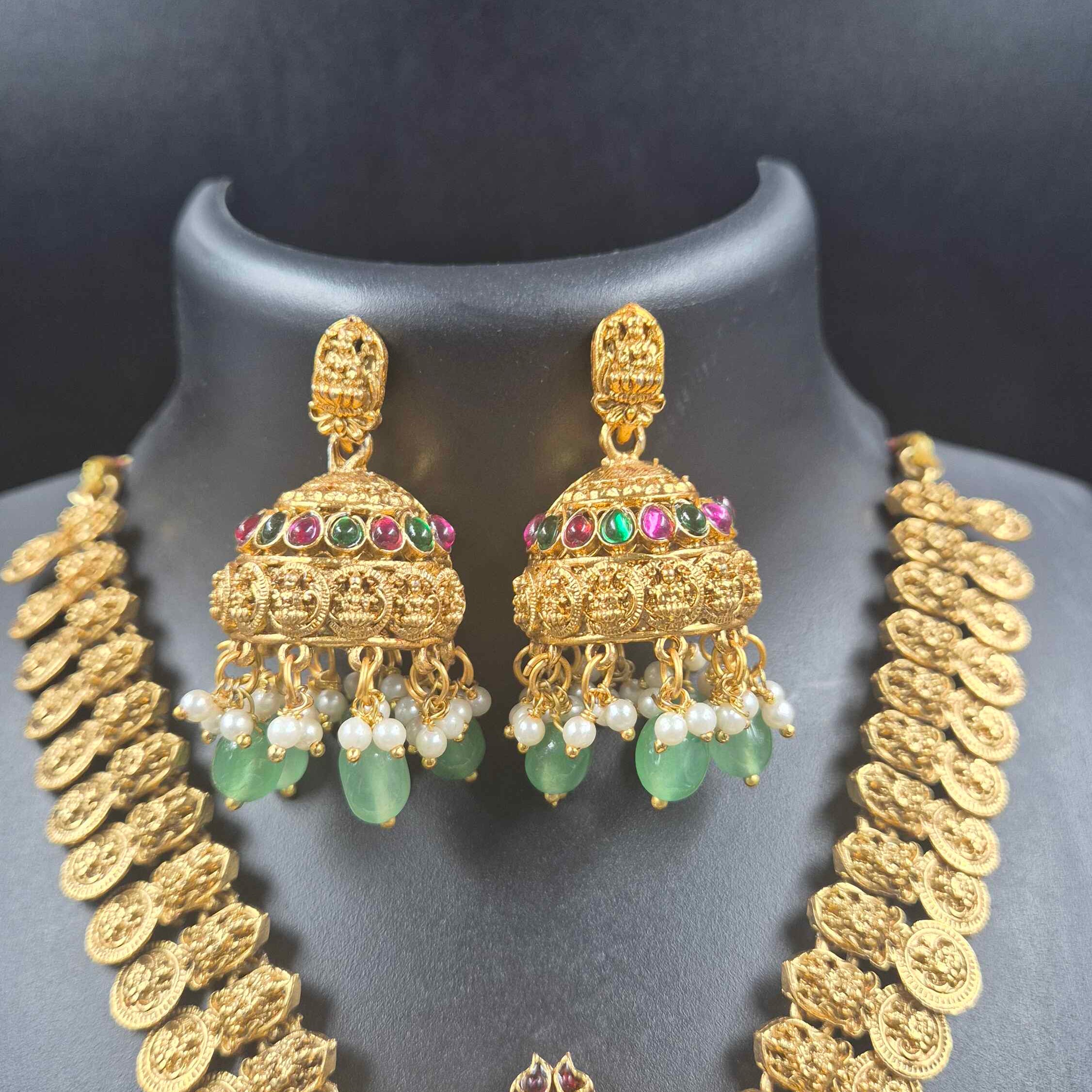 Grand Lakshmi Pendant with kasu mala Temple Necklace Set with Ruby Stones & Green Bead Drops