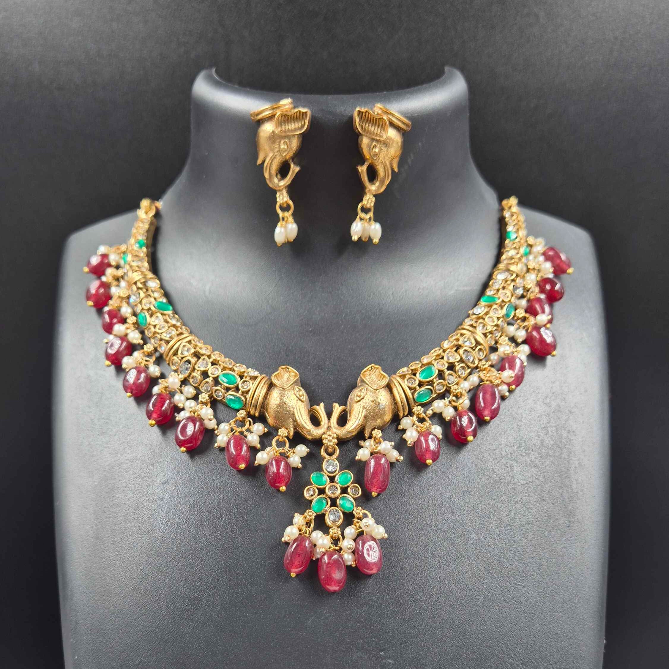 Antique Elephant  Choker Necklace Set with Ruby Drops & Emerald Accents