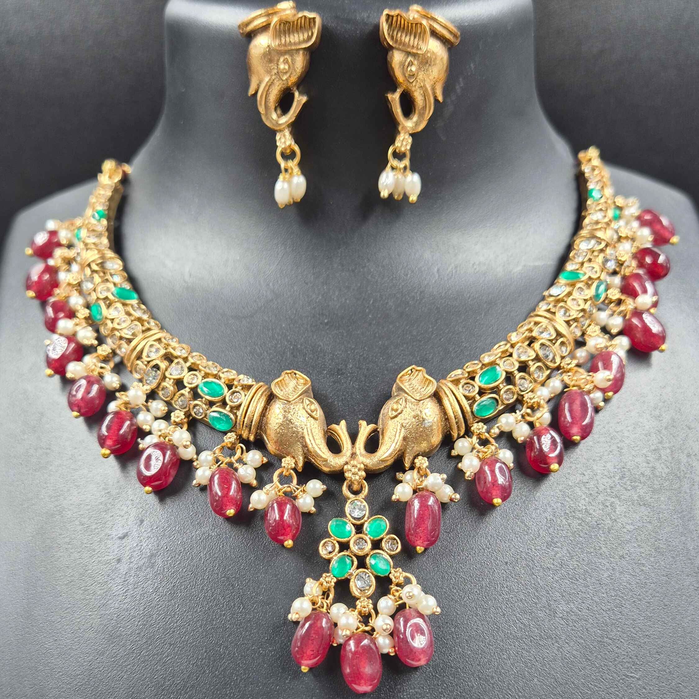 Antique Elephant  Choker Necklace Set with Ruby Drops & Emerald Accents