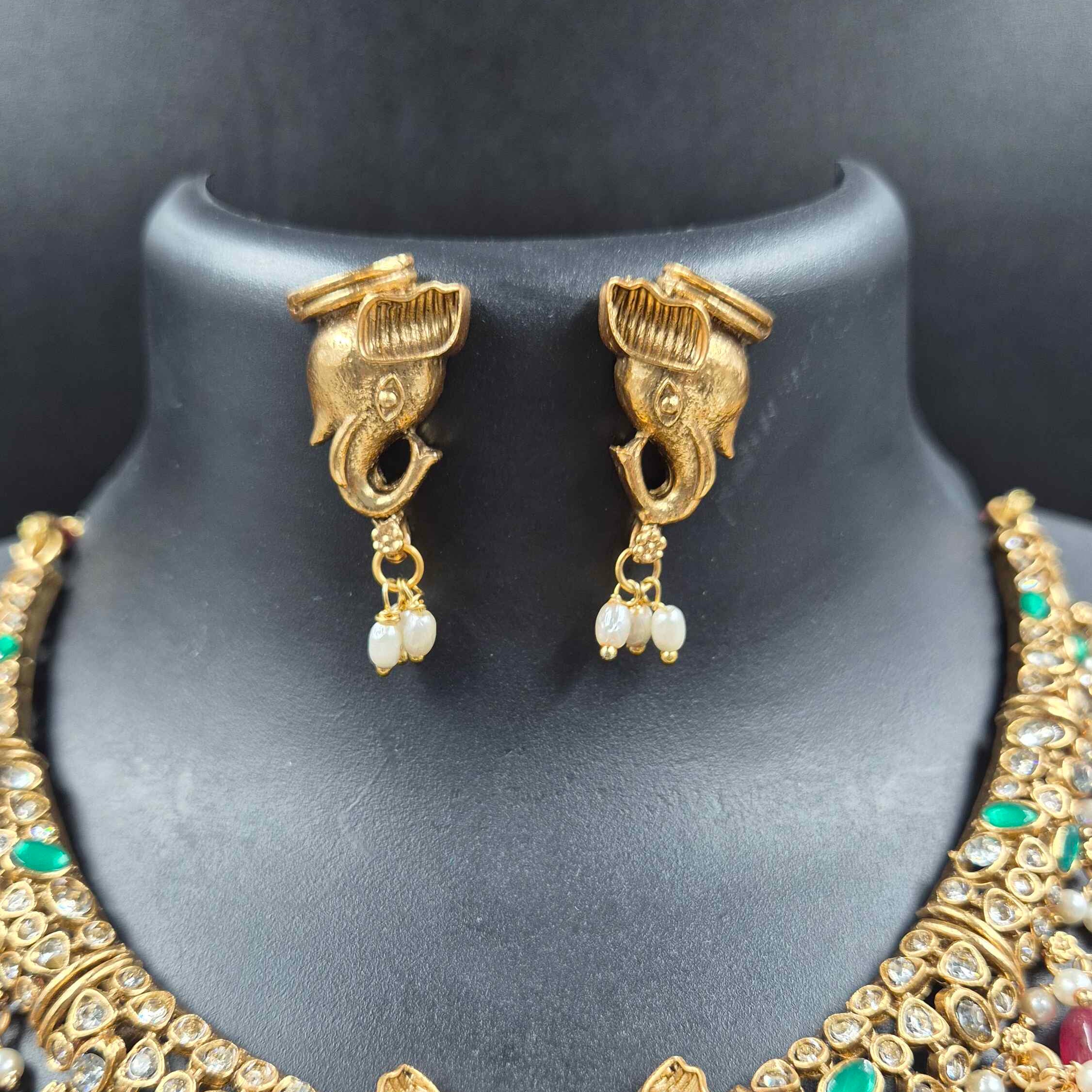 Antique Elephant  Choker Necklace Set with Ruby Drops & Emerald Accents