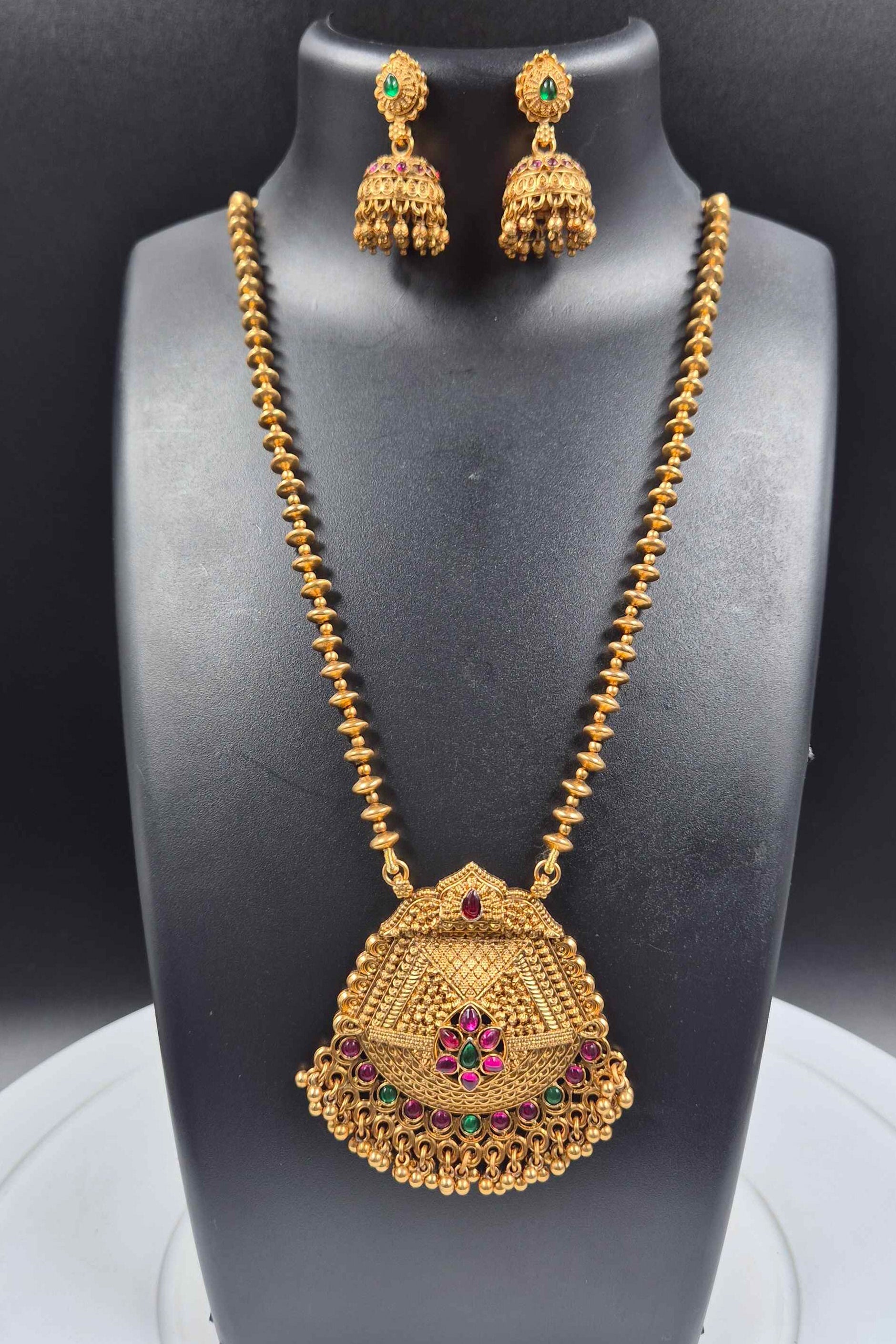Antique Temple Pendant Necklace Set with Ruby & Emerald Stone Accents