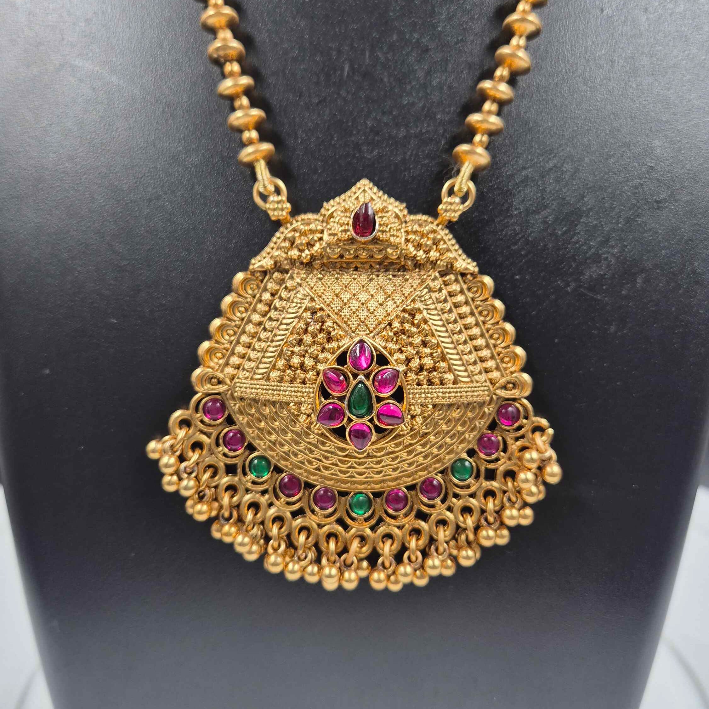 Antique Temple Pendant Necklace Set with Ruby & Emerald Stone Accents