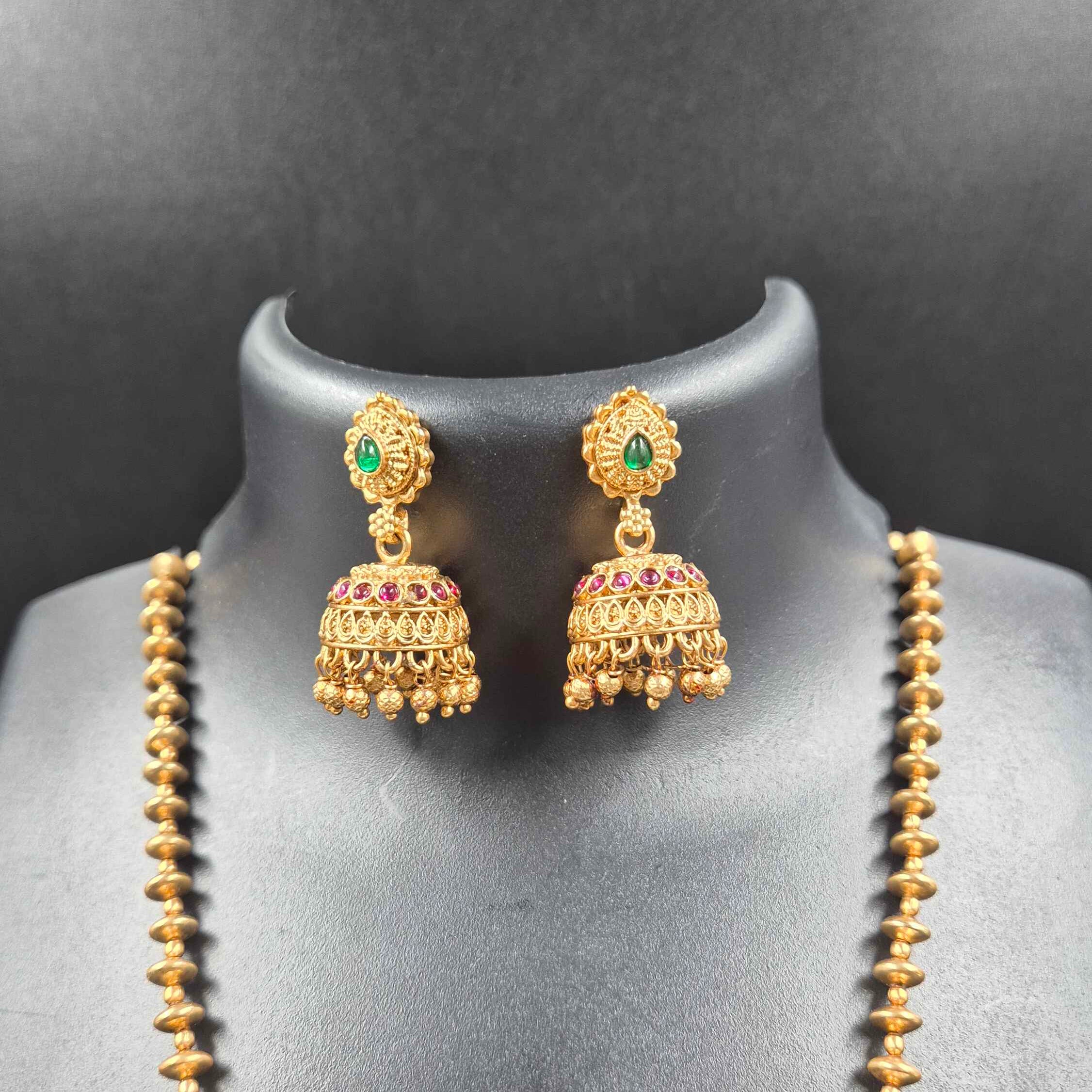 Antique Temple Pendant Necklace Set with Ruby & Emerald Stone Accents