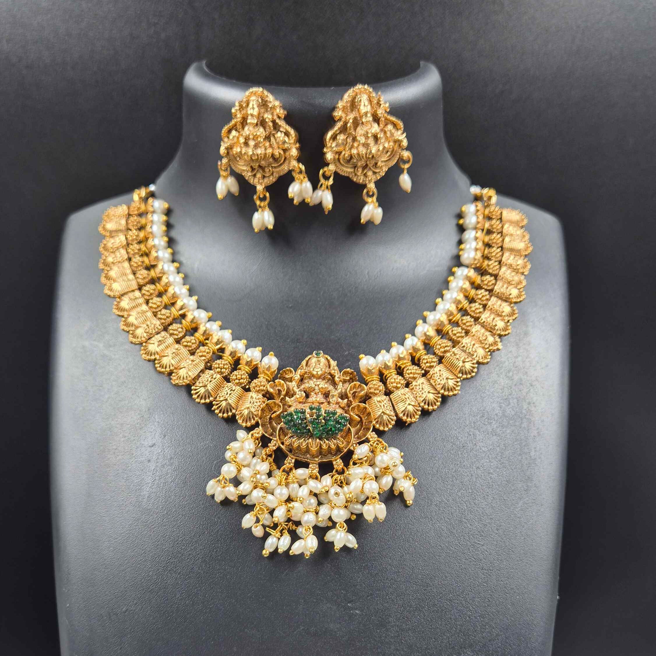 Lakshmi Pearl Temple Choker Set with Emerald Green Accents & Statement Earrings