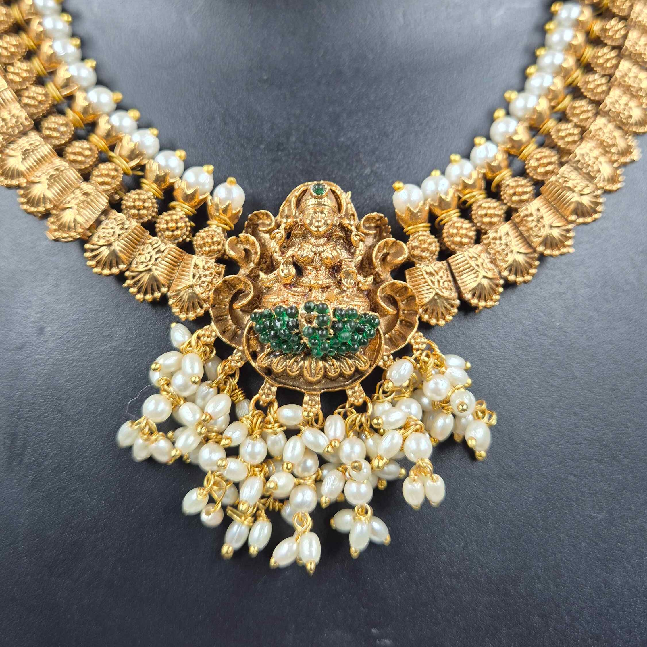 Lakshmi Pearl Temple Choker Set with Emerald Green Accents & Statement Earrings