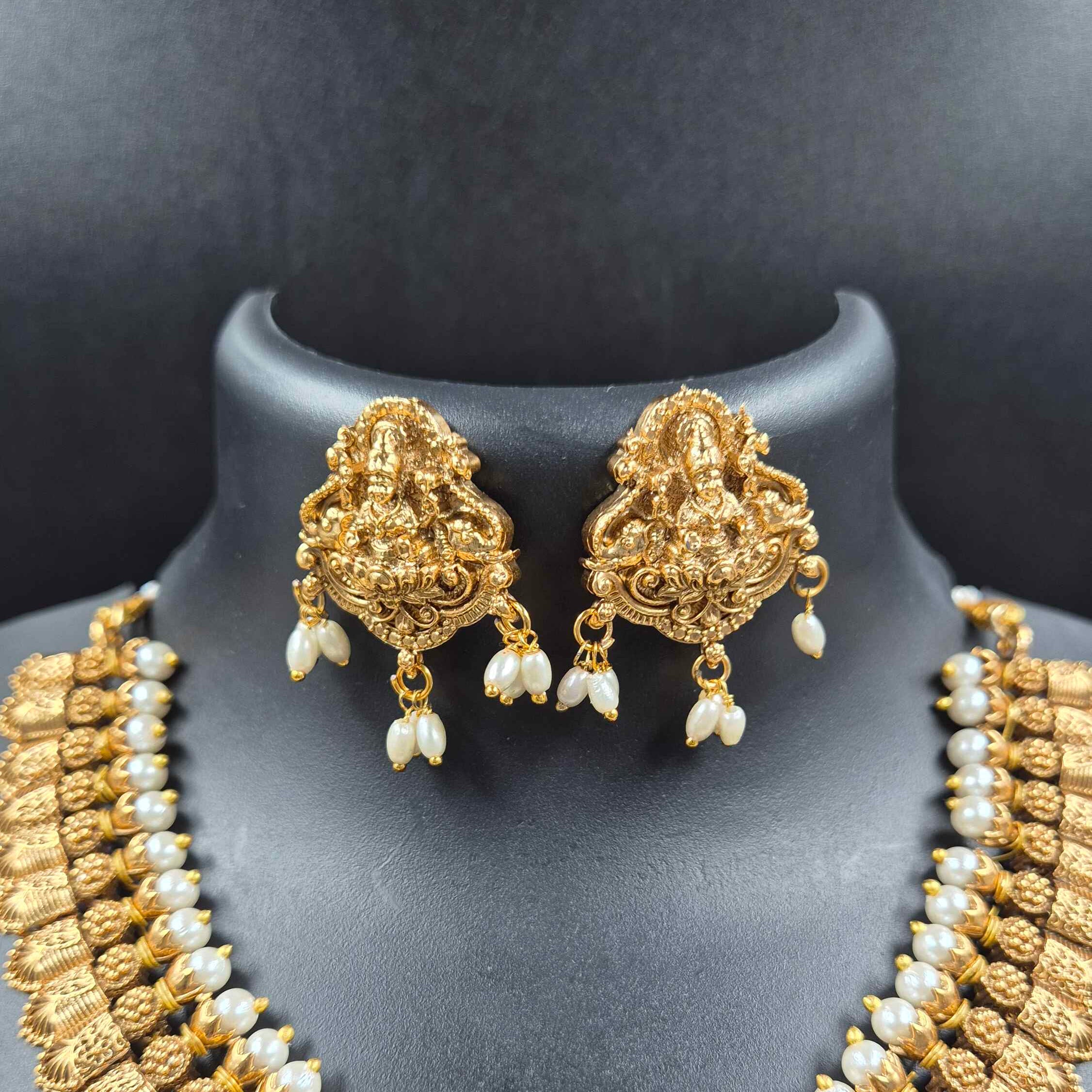 Lakshmi Pearl Temple Choker Set with Emerald Green Accents & Statement Earrings