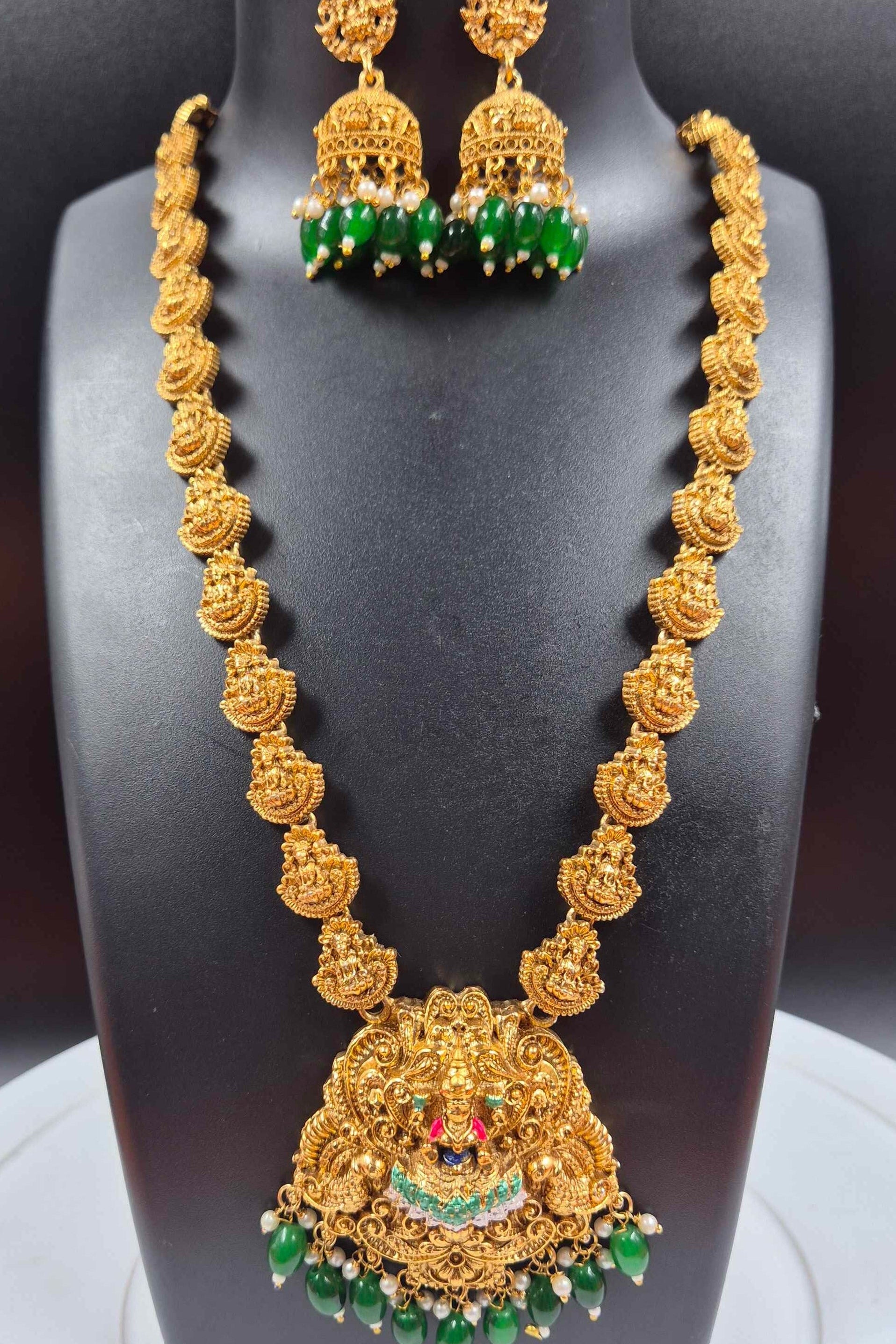Emerald Temple Long Haram Set with Goddess Pendant & Green Bead Jhumkas