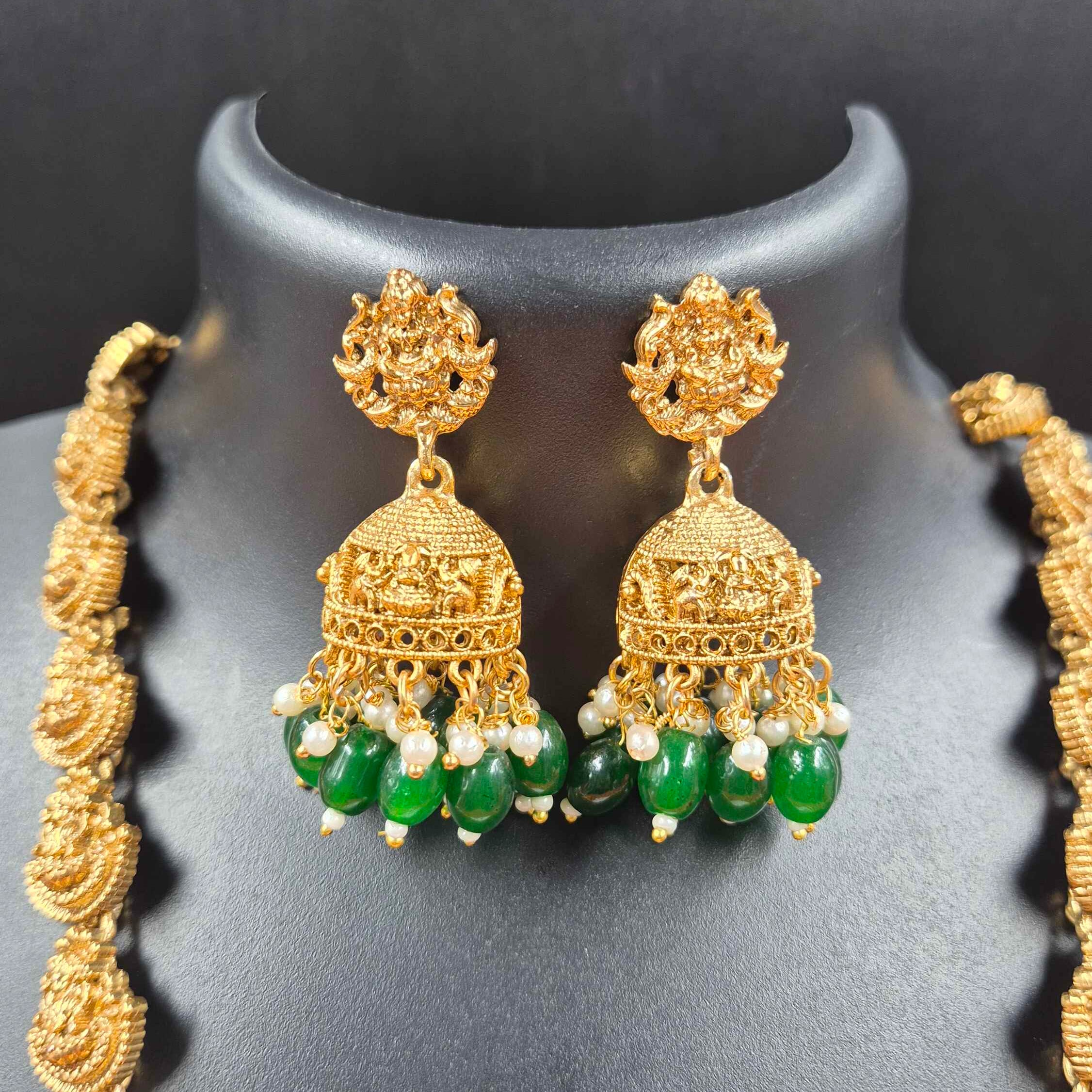 Emerald Temple Long Haram Set with Goddess Pendant & Green Bead Jhumkas