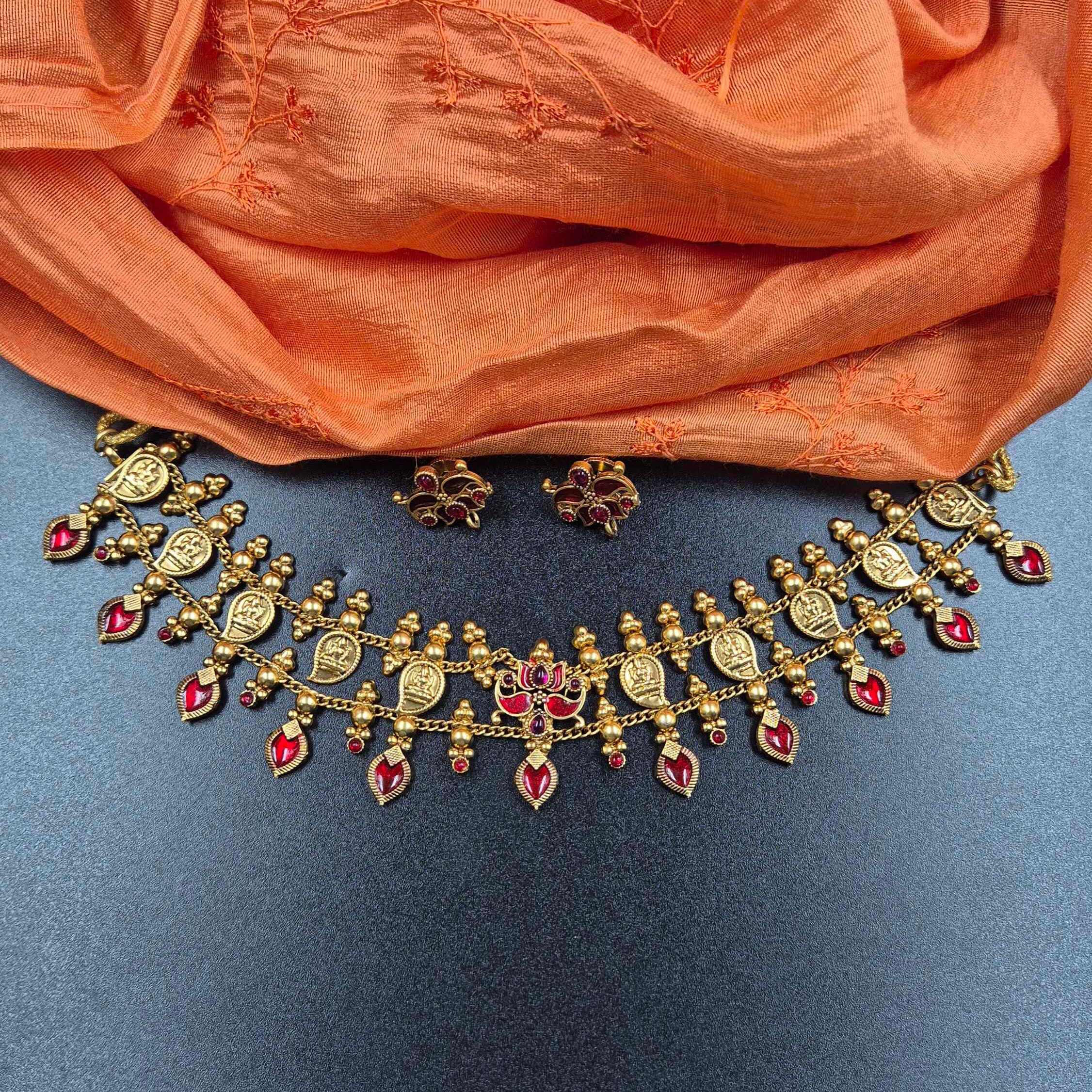 Rajmudra Ruby Choker Set – Antique Coin Necklace with Heritage Motifs