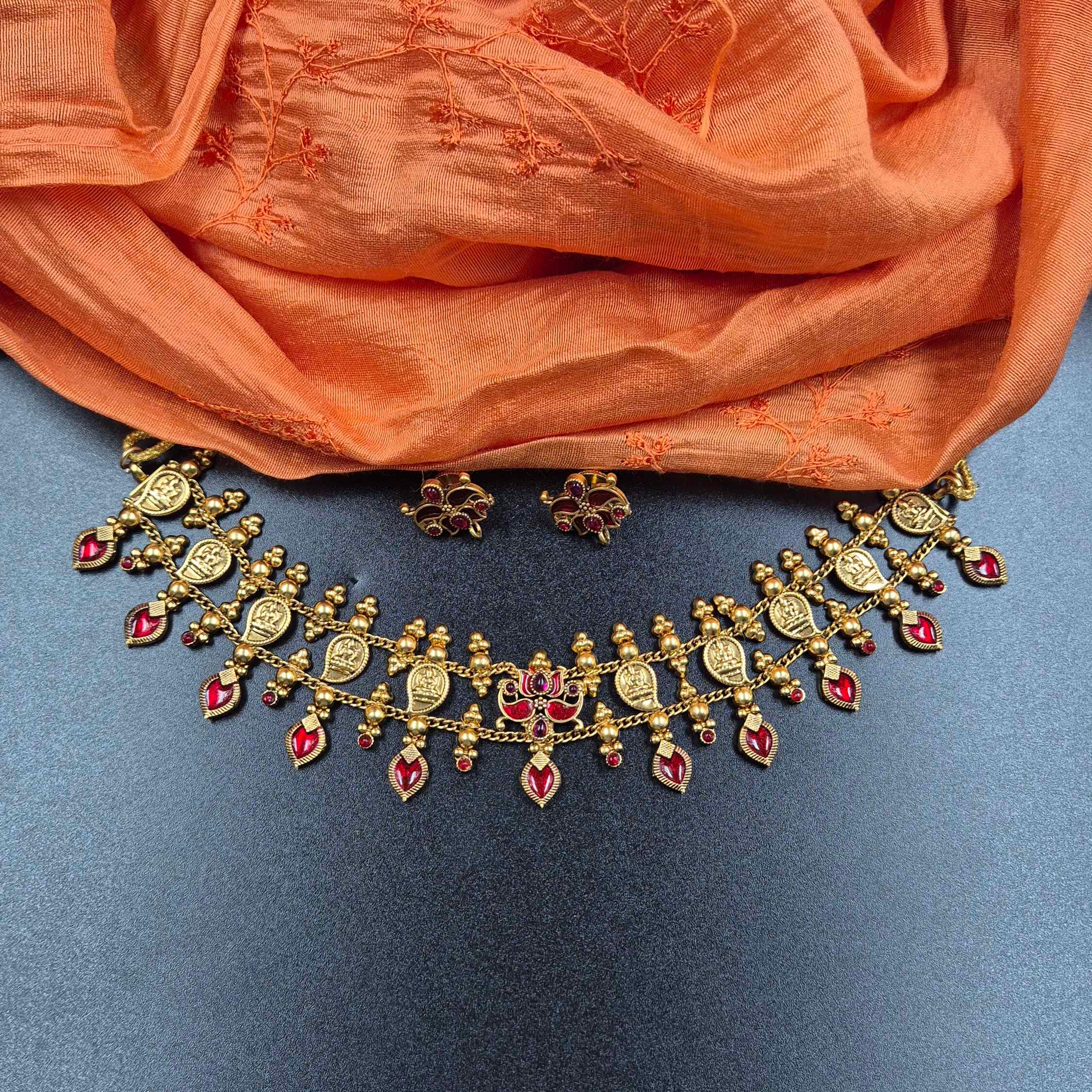 Rajmudra Ruby Choker Set – Antique Coin Necklace with Heritage Motifs