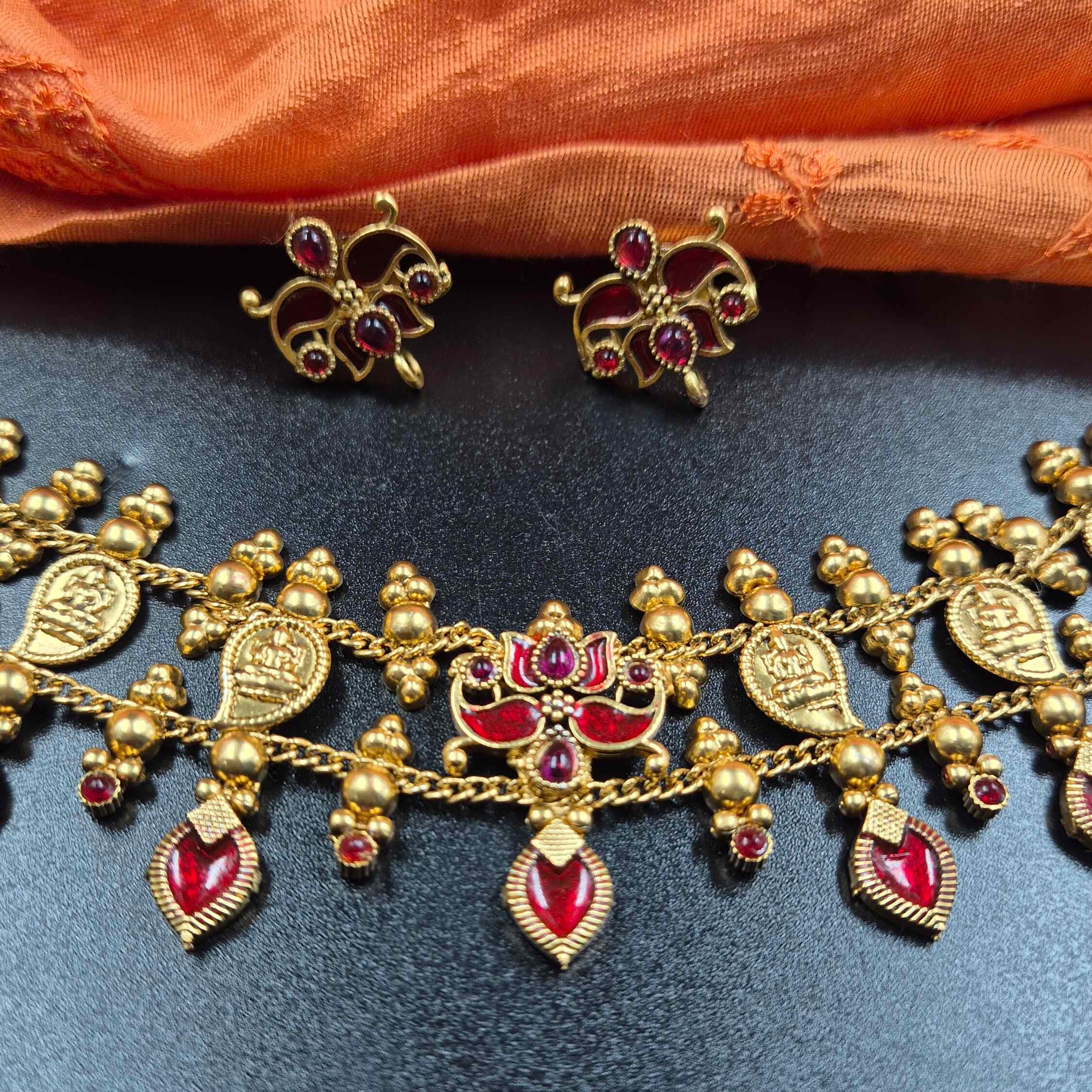 Rajmudra Ruby Choker Set – Antique Coin Necklace with Heritage Motifs