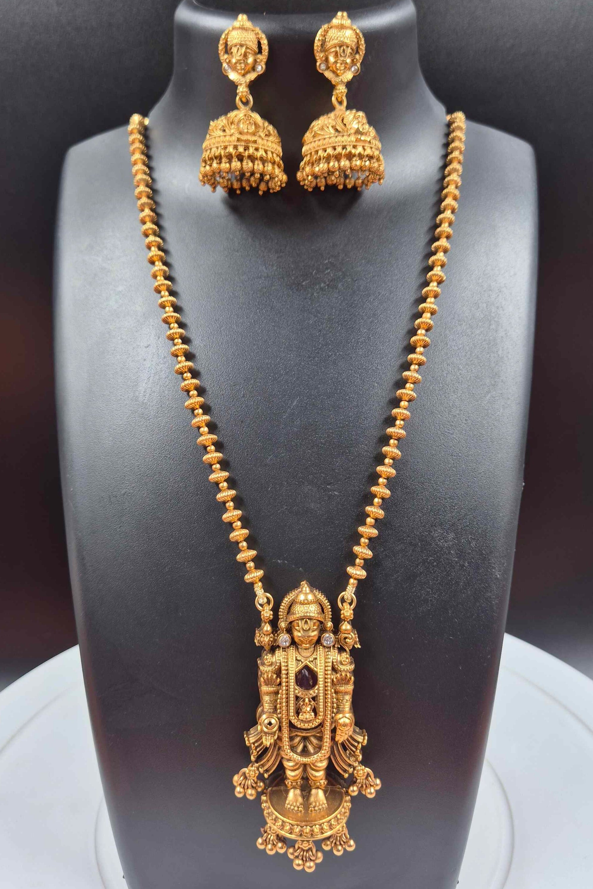 Sri Venkateswara Temple Pendant Necklace Set – Antique Gold Finish