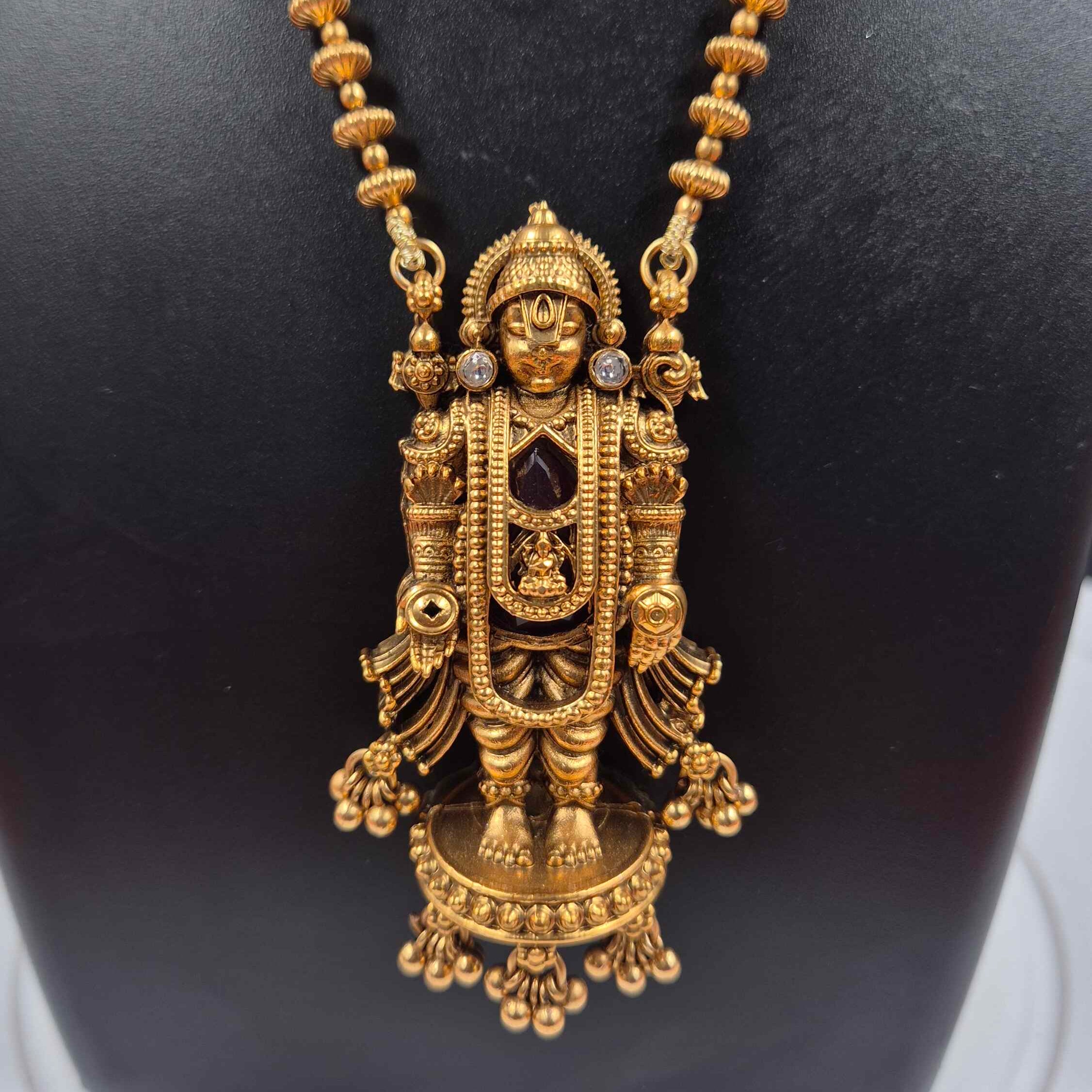 Sri Venkateswara Temple Pendant Necklace Set – Antique Gold Finish