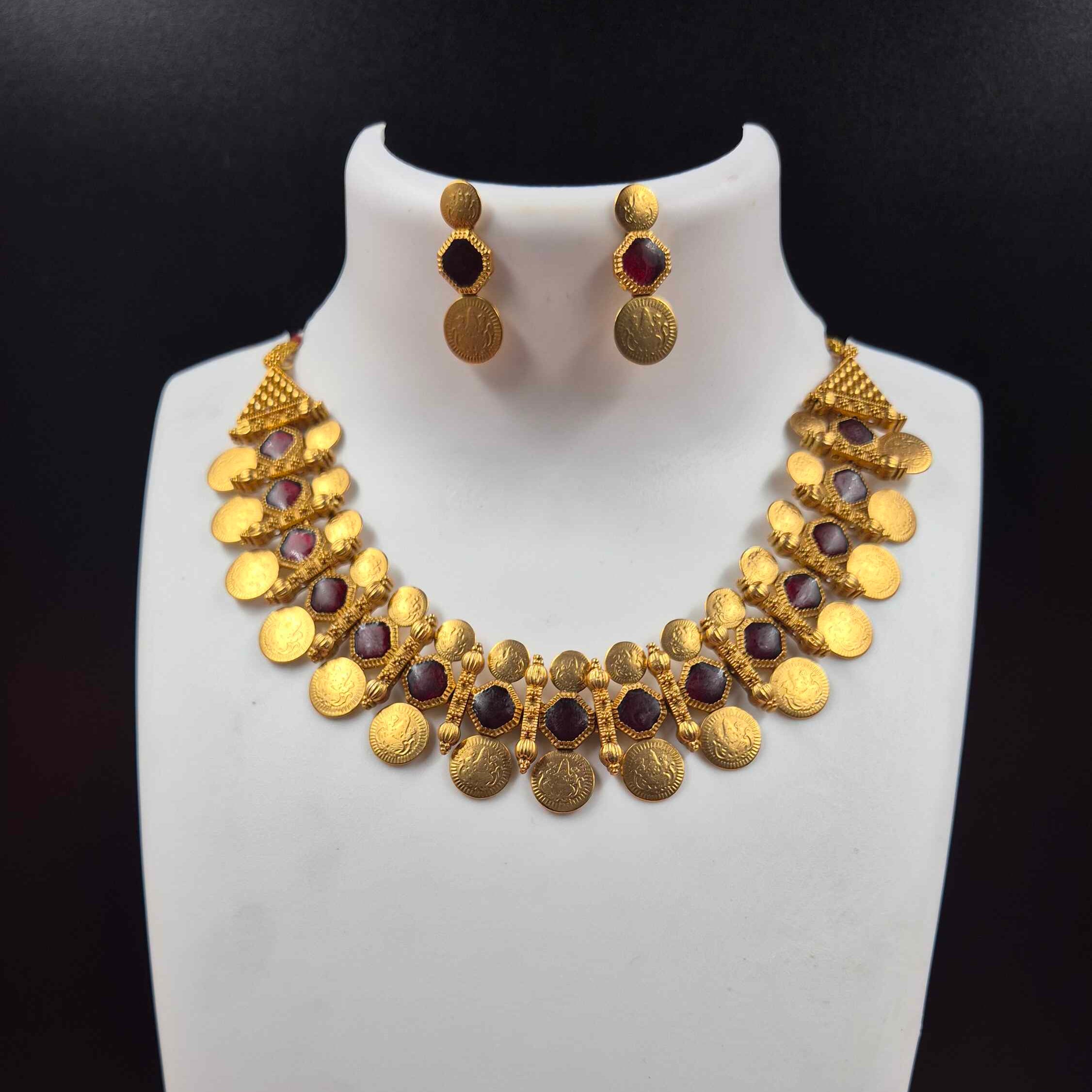 Rajmudra Coin Necklace Set – Antique Gold Finish with Ruby Accents
