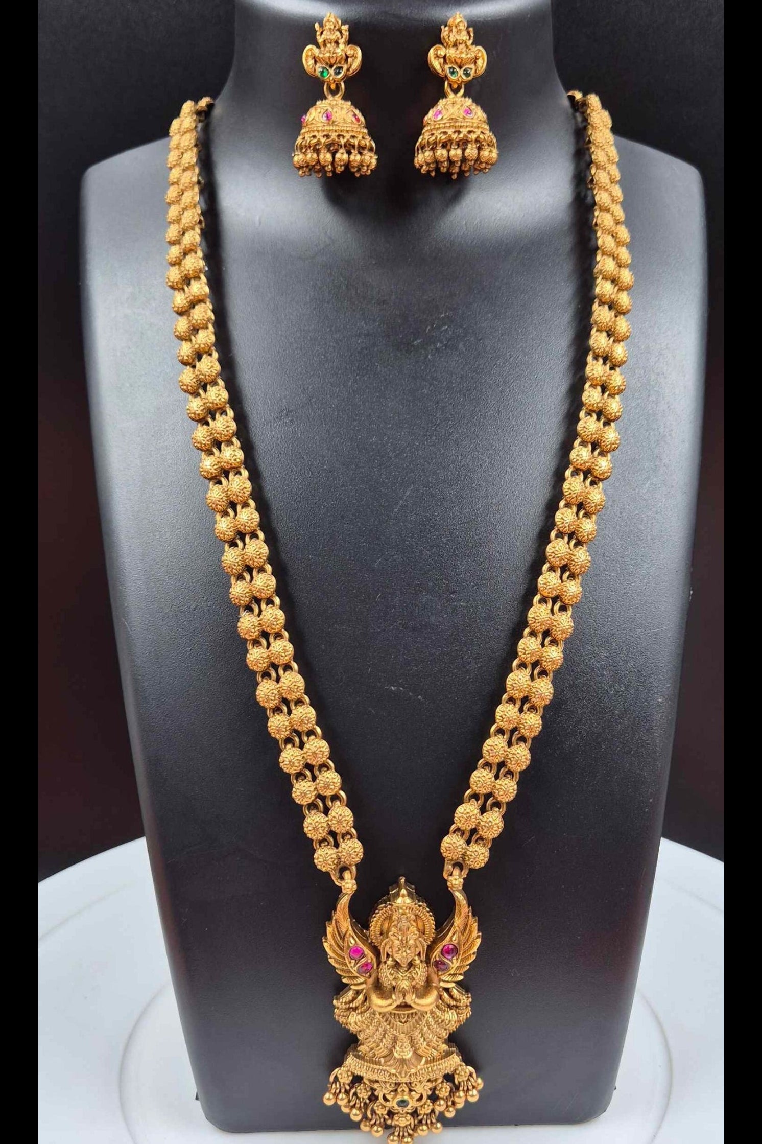 Divine Garudalwar Long Haram Set – Royal Antique Temple Necklace with Jhumka Earrings