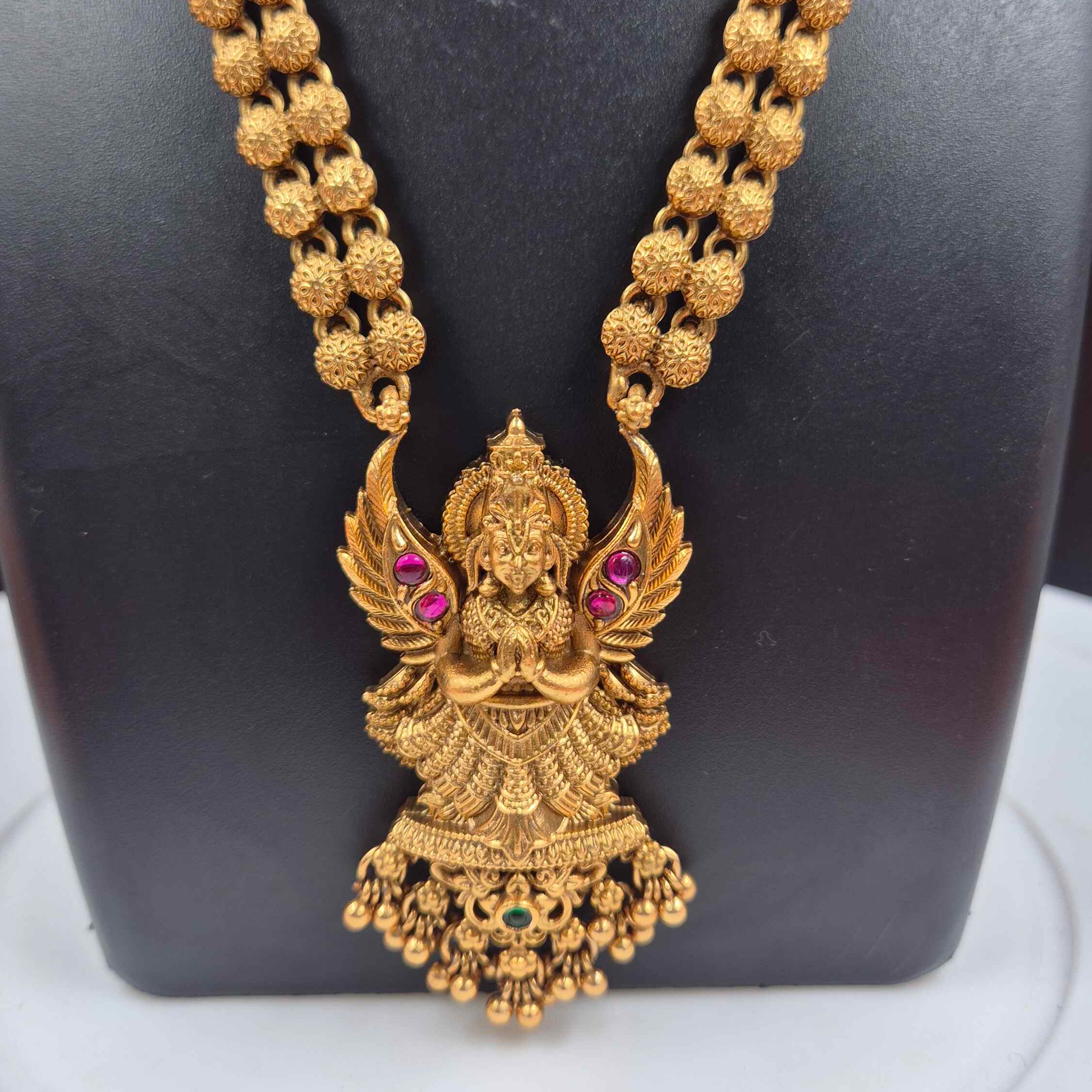 Divine Garudalwar Long Haram Set – Royal Antique Temple Necklace with Jhumka Earrings