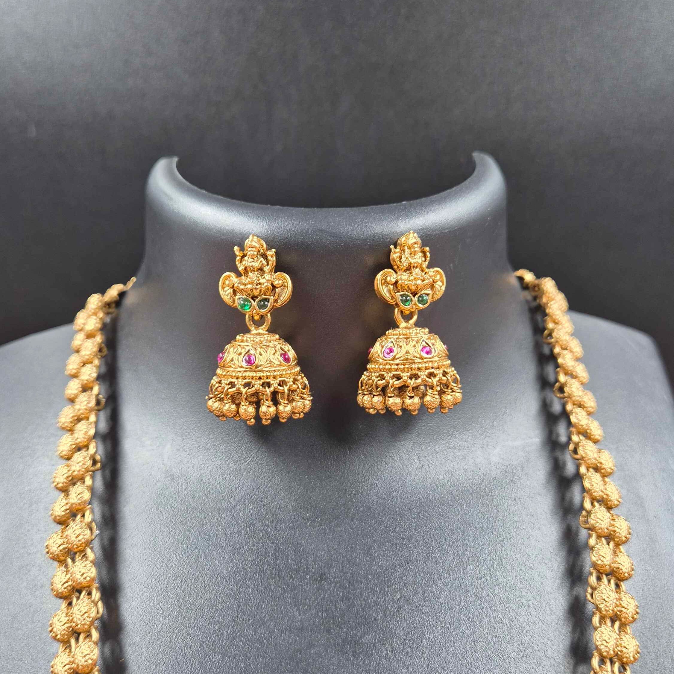 Divine Garudalwar Long Haram Set – Royal Antique Temple Necklace with Jhumka Earrings