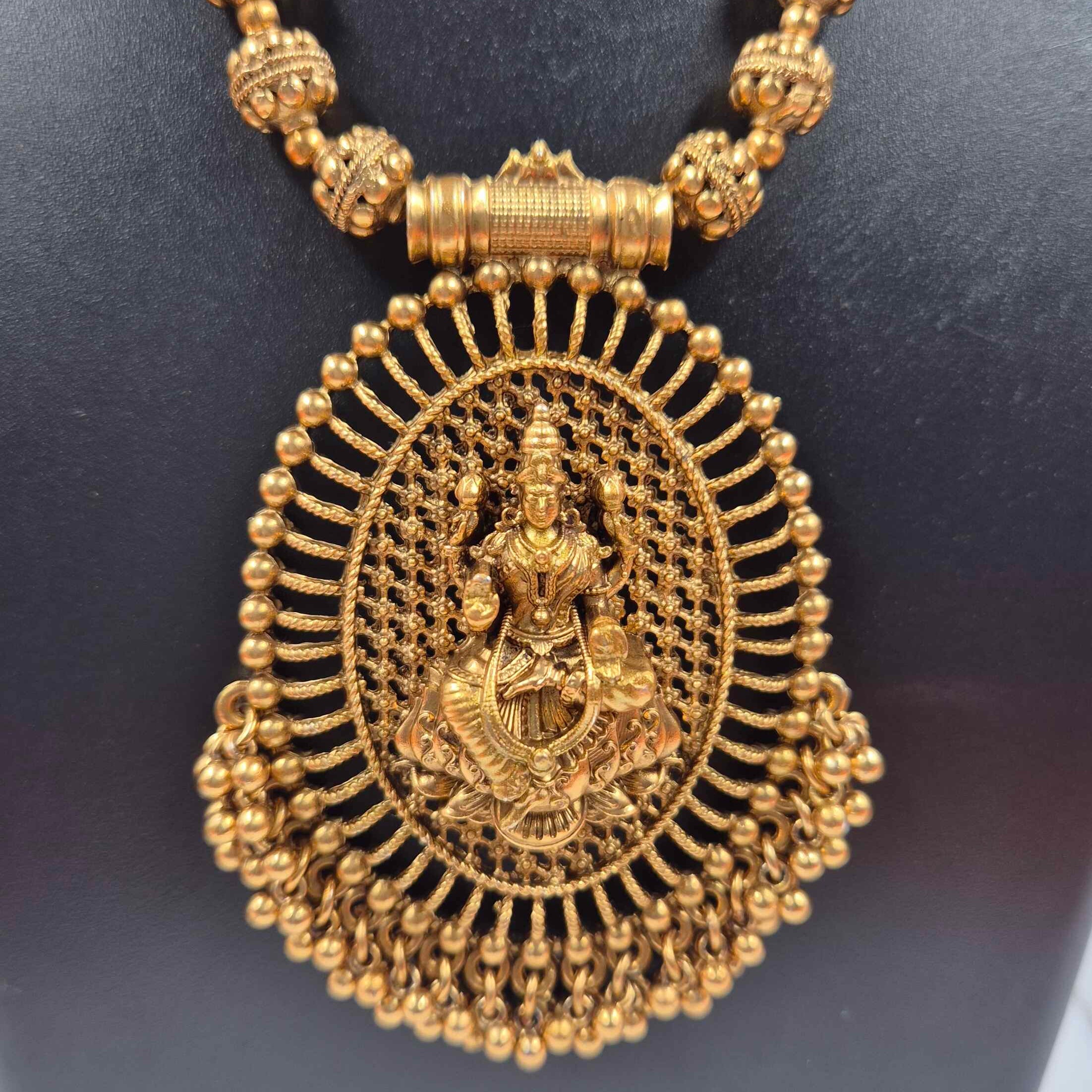 Divine Lakshmi Temple Haram Set – Royal Antique Gold Necklace with Jhumka Earrings