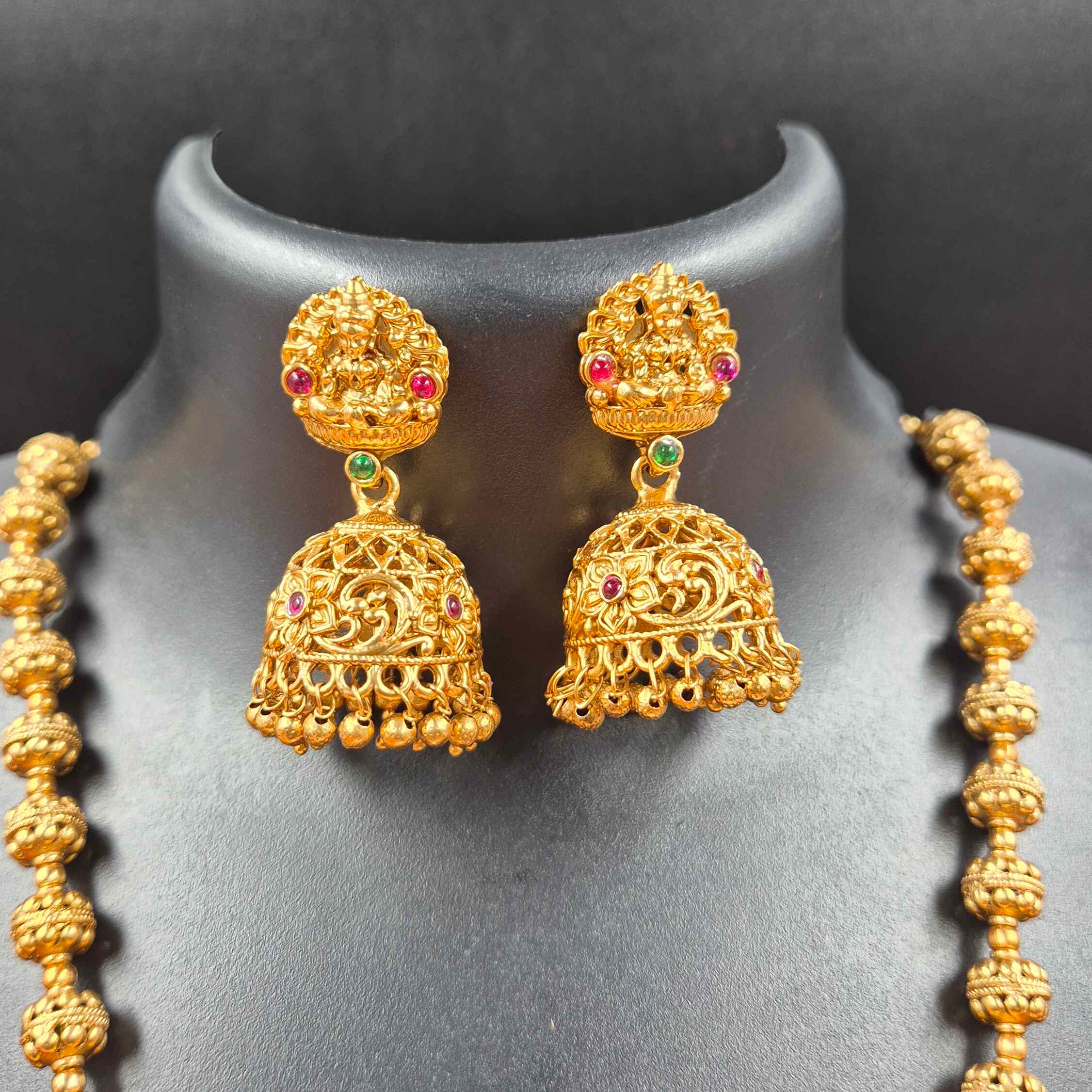 Divine Lakshmi Temple Haram Set – Royal Antique Gold Necklace with Jhumka Earrings