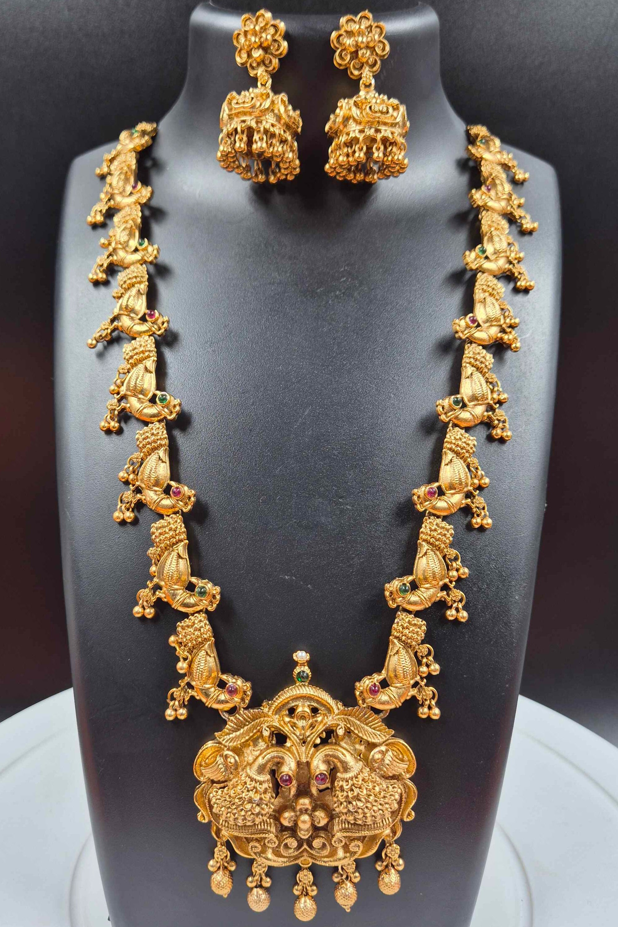 Royal Mayil Temple Haram Set – Antique Peacock Statement Necklace with Jhumka Earrings