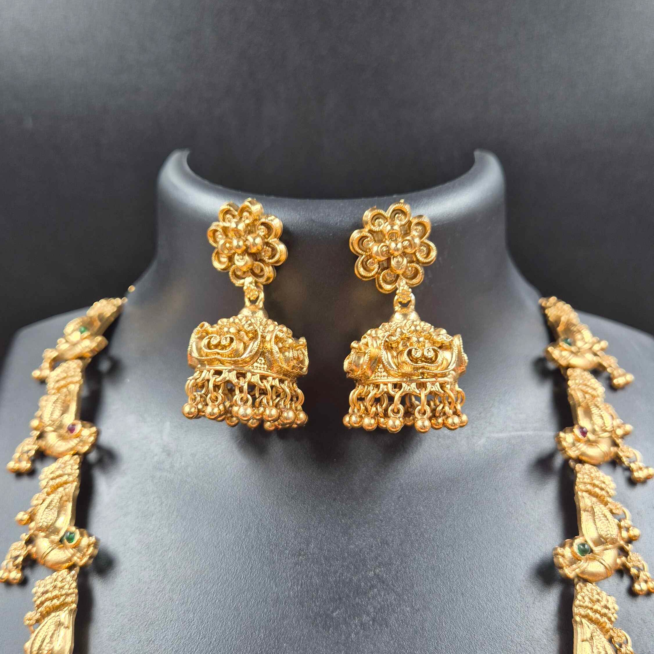 Royal Mayil Temple Haram Set – Antique Peacock Statement Necklace with Jhumka Earrings