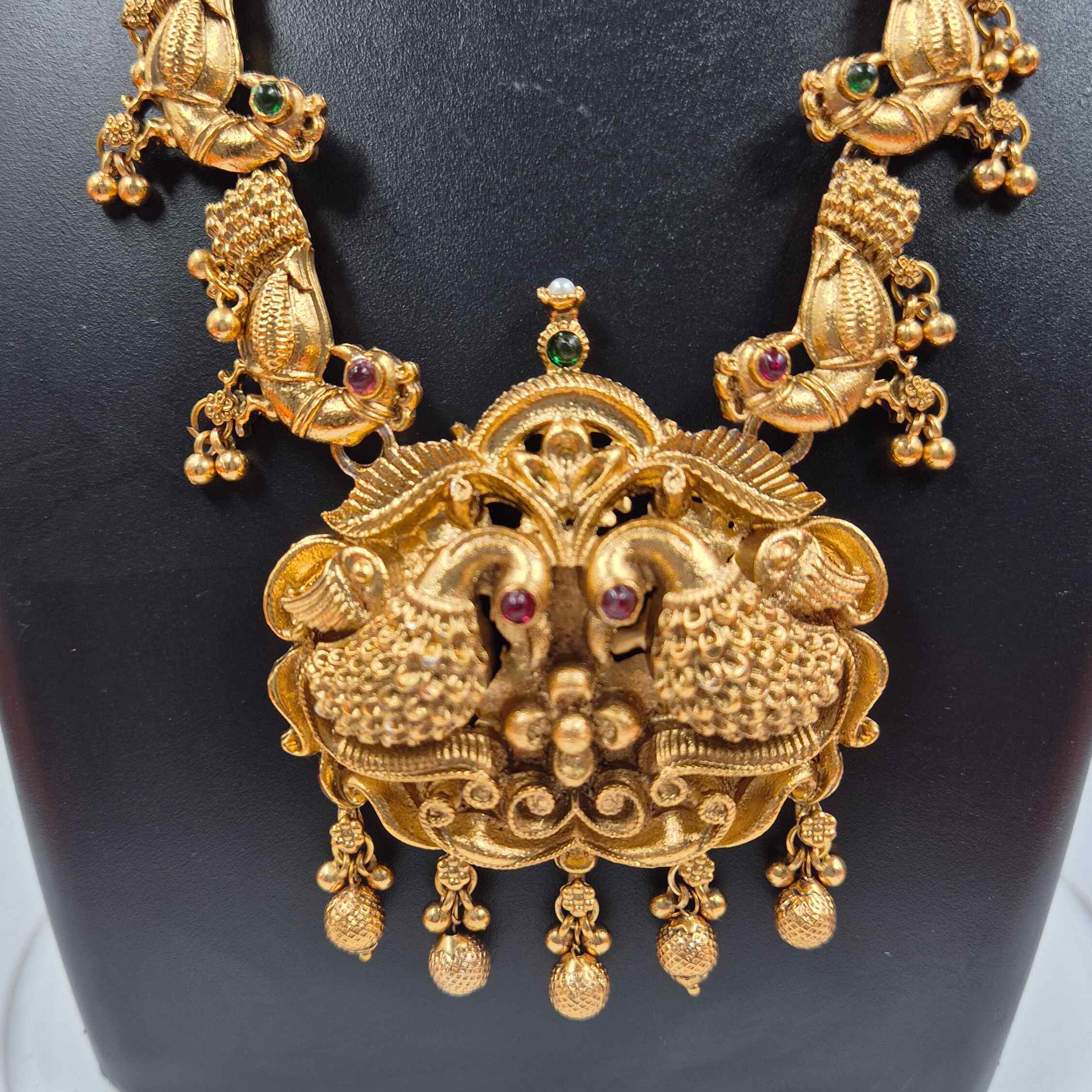 Royal Mayil Temple Haram Set – Antique Peacock Statement Necklace with Jhumka Earrings