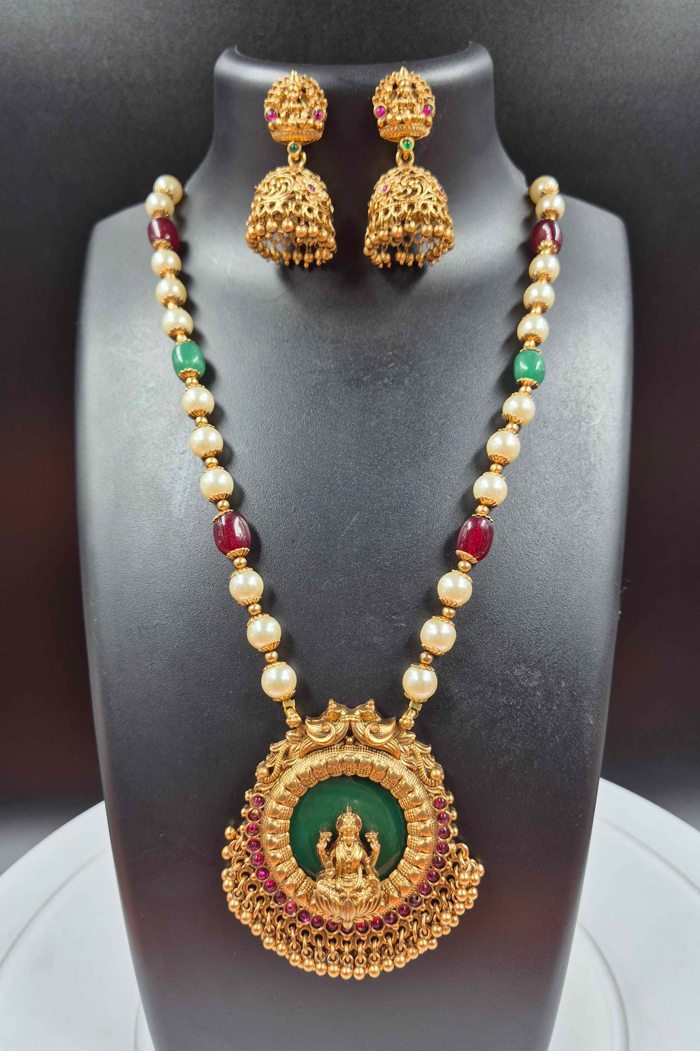 Lakshmi Pearl Mala Necklace Set with Green & Ruby Beads and Temple Jhumkas