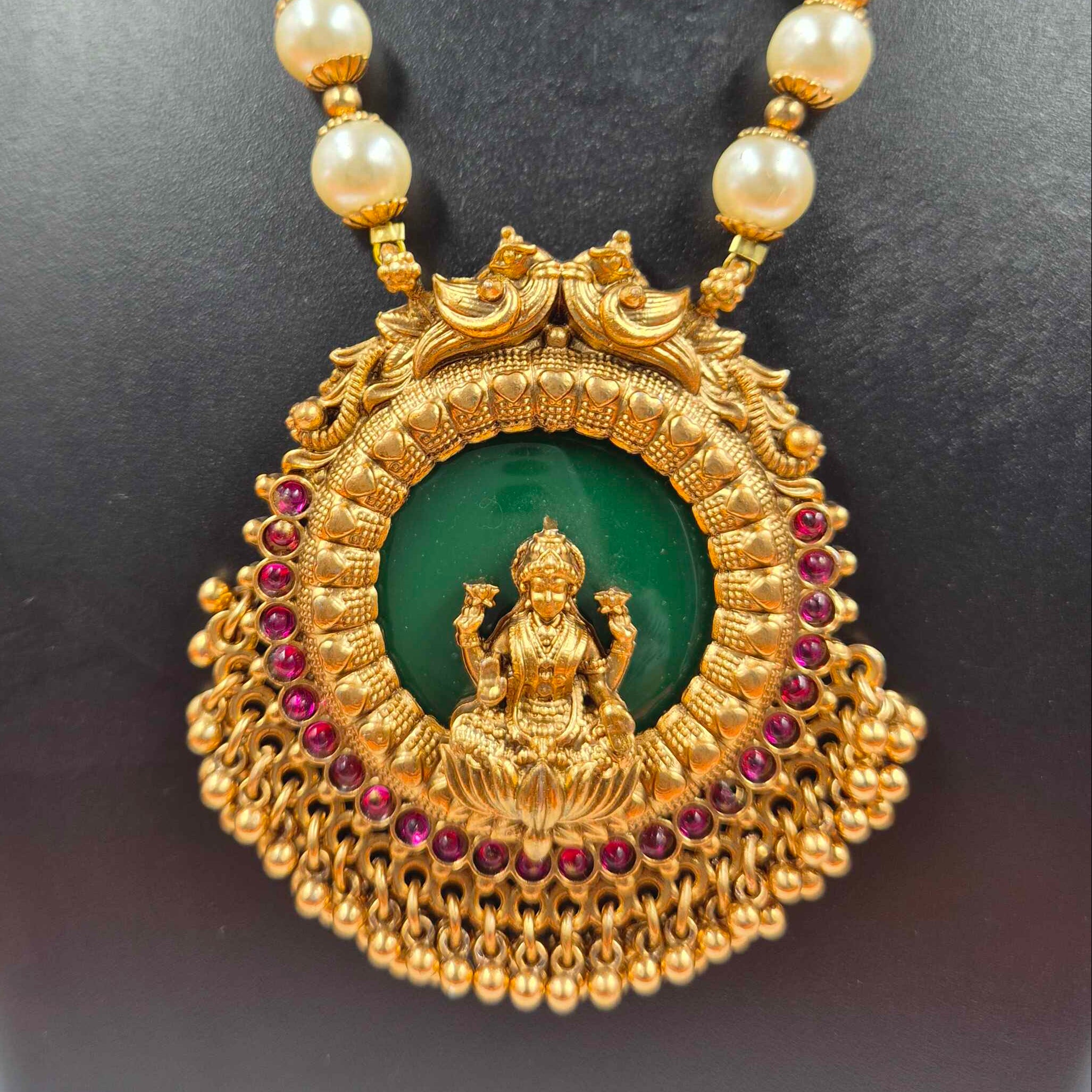 Lakshmi Pearl Mala Necklace Set with Green & Ruby Beads and Temple Jhumkas
