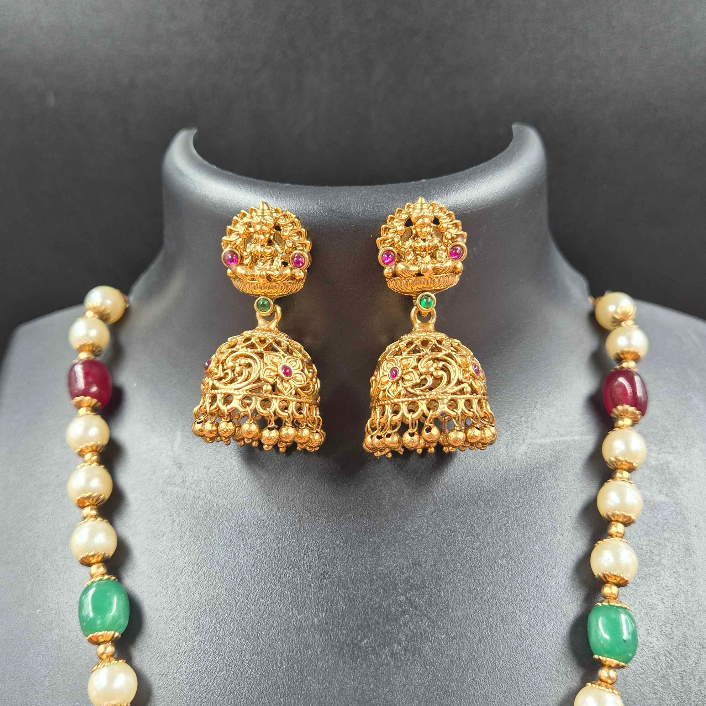 Lakshmi Pearl Mala Necklace Set with Green & Ruby Beads and Temple Jhumkas