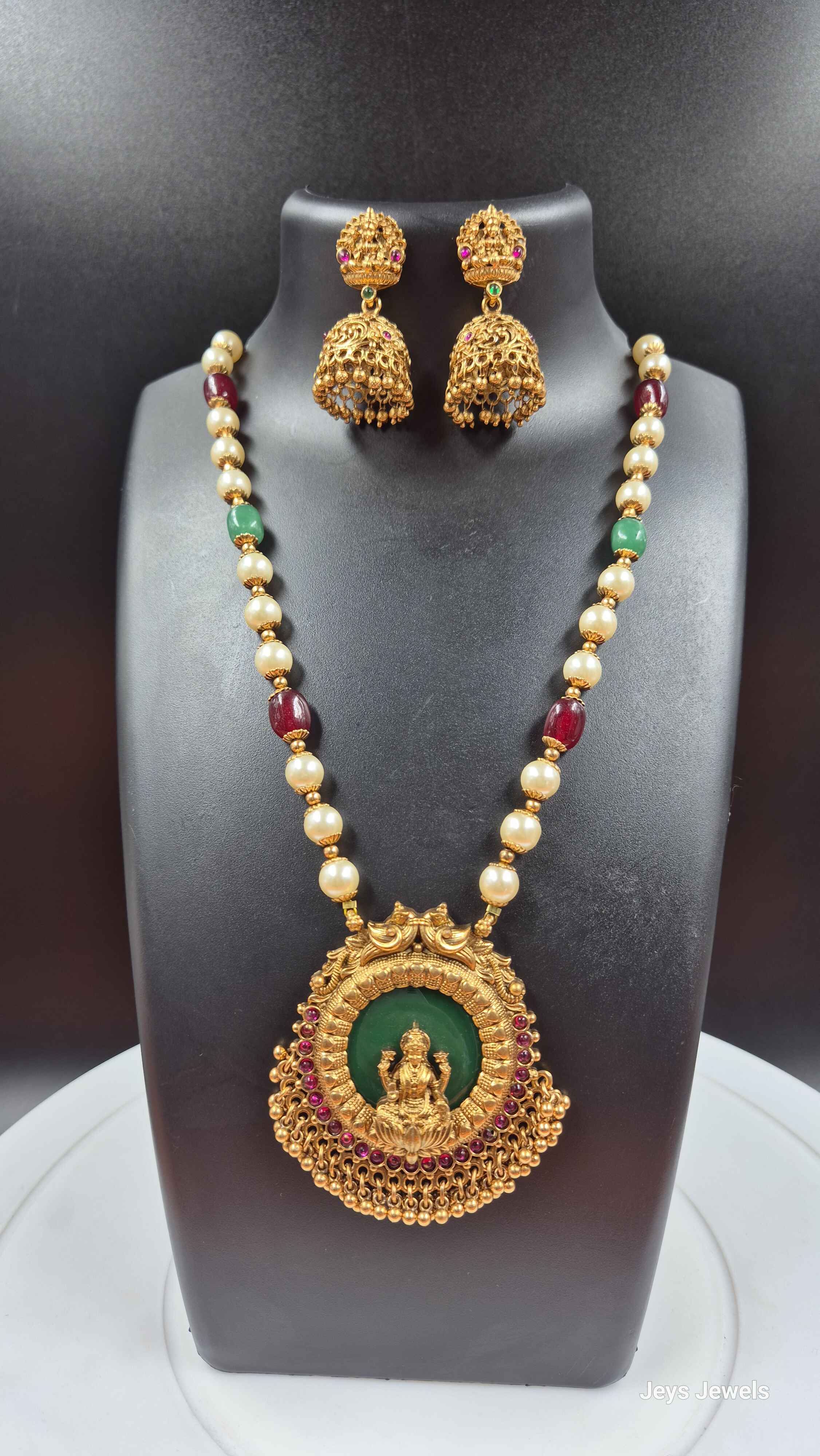 Lakshmi Pearl Mala Necklace Set with Green & Ruby Beads and Temple Jhumkas