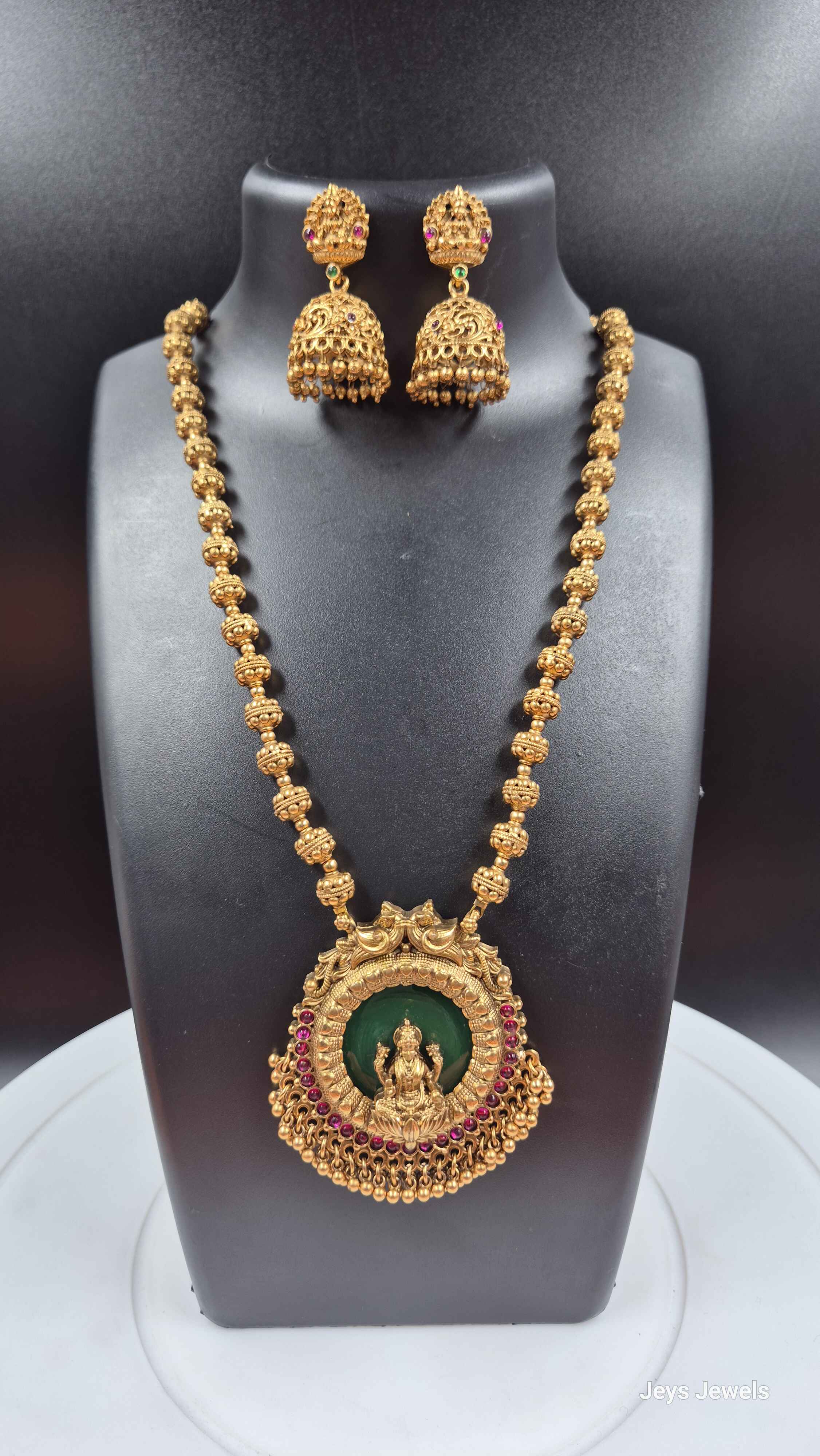 Antique Lakshmi Long Haram Necklace Set with Green Stone Pendant & Jhumka Earrings