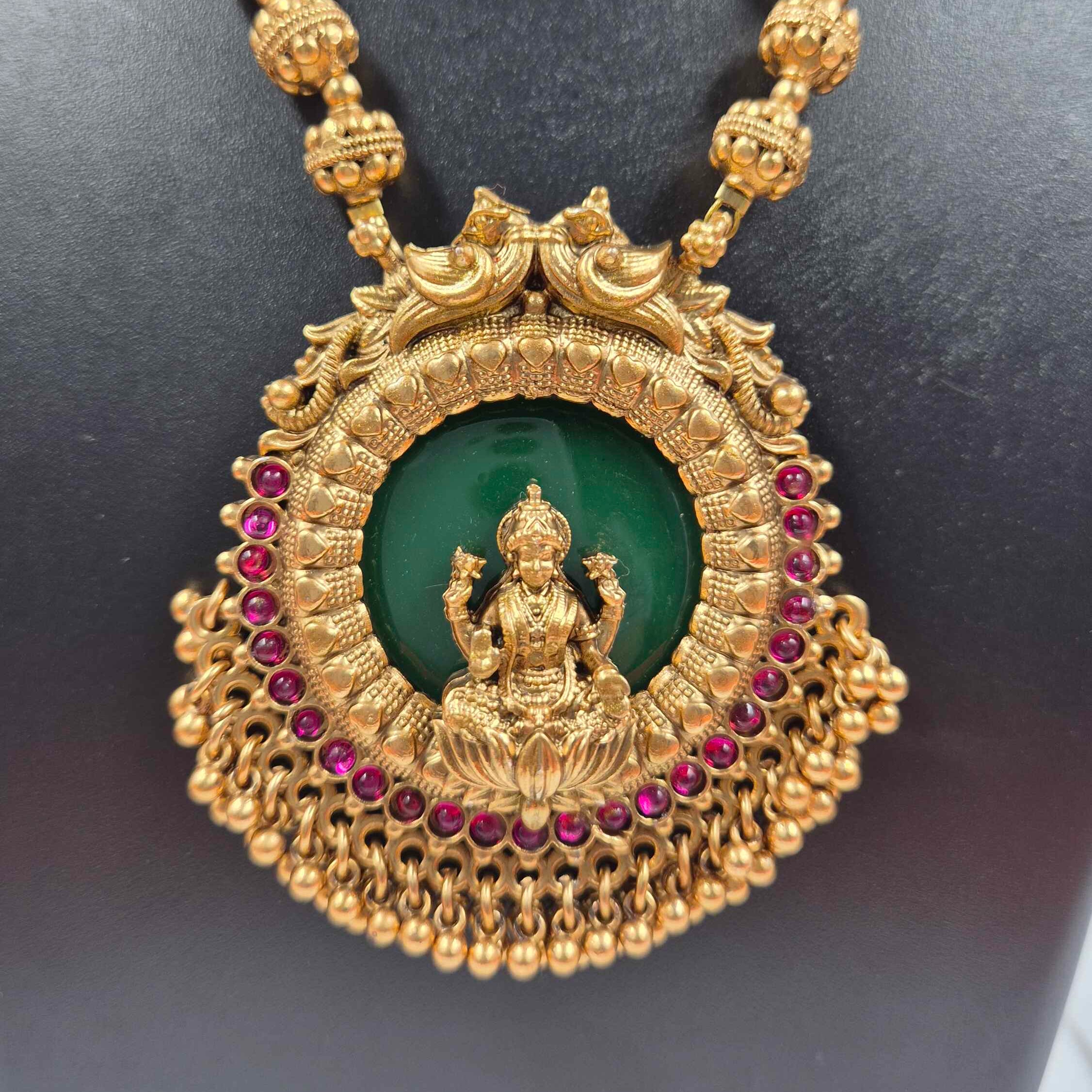 Antique Lakshmi Long Haram Necklace Set with Green Stone Pendant & Jhumka Earrings