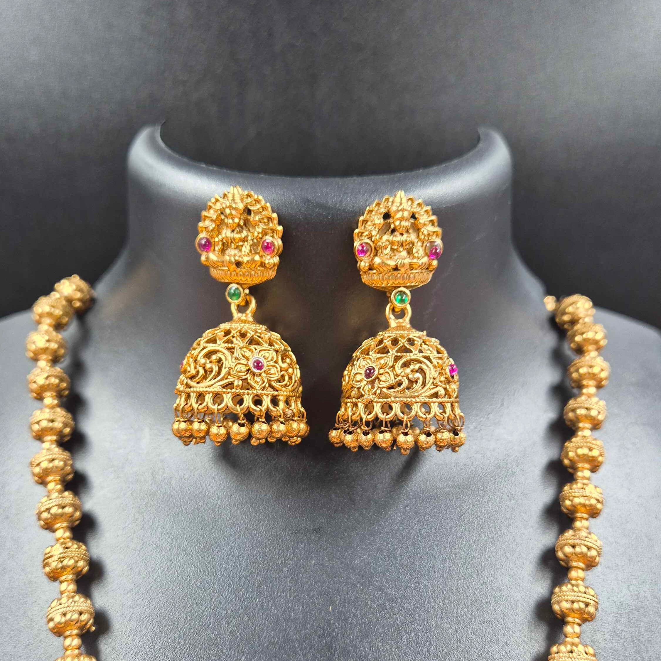 Antique Lakshmi Long Haram Necklace Set with Green Stone Pendant & Jhumka Earrings