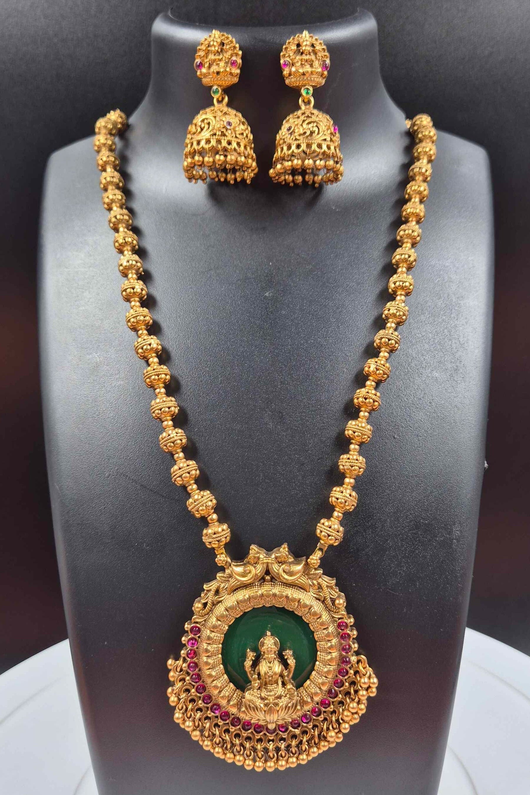 Antique Lakshmi Long Haram Necklace Set with Green Stone Pendant & Jhumka Earrings
