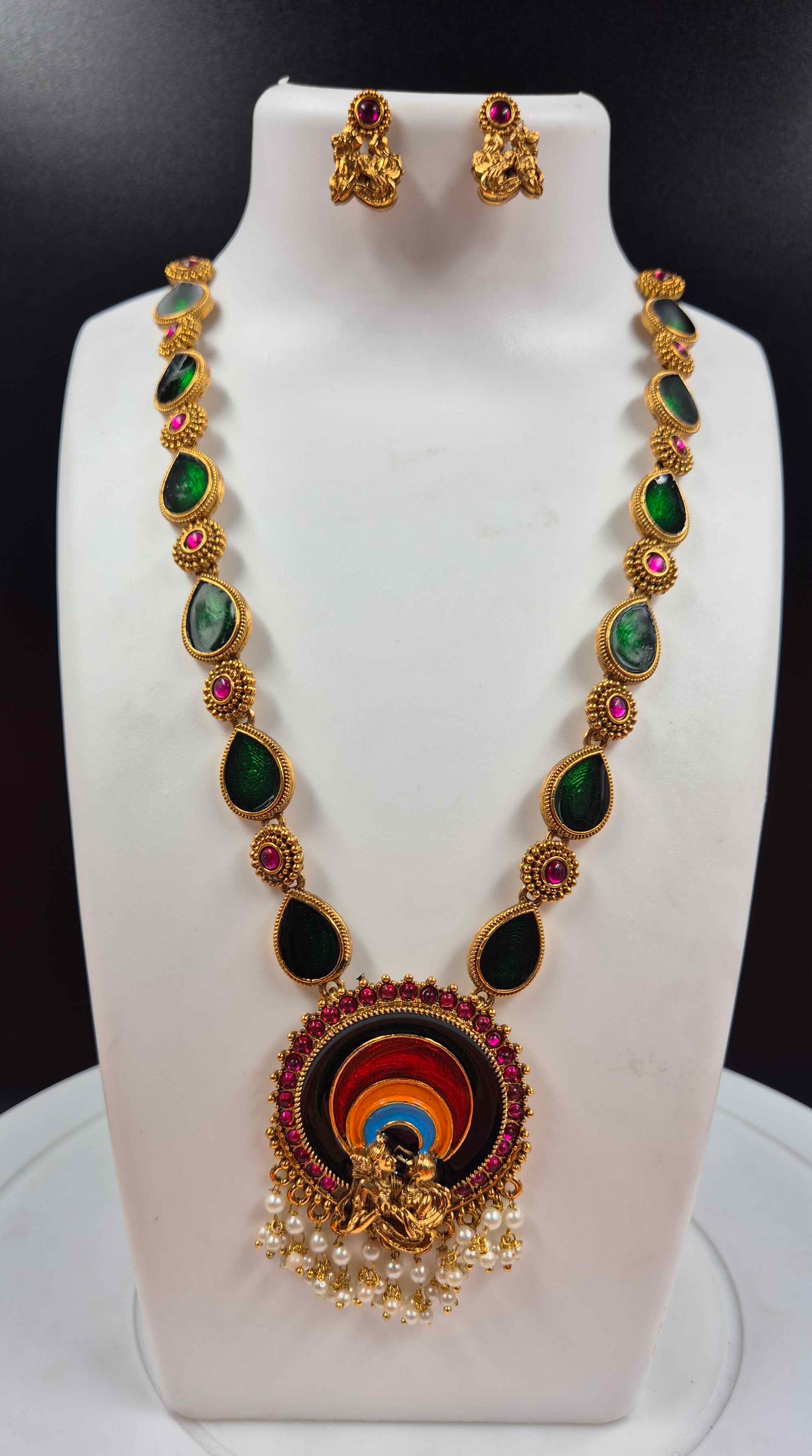 Radha Krishna Pendant Necklace with Green Teardrop Stones & Pearl Tassels