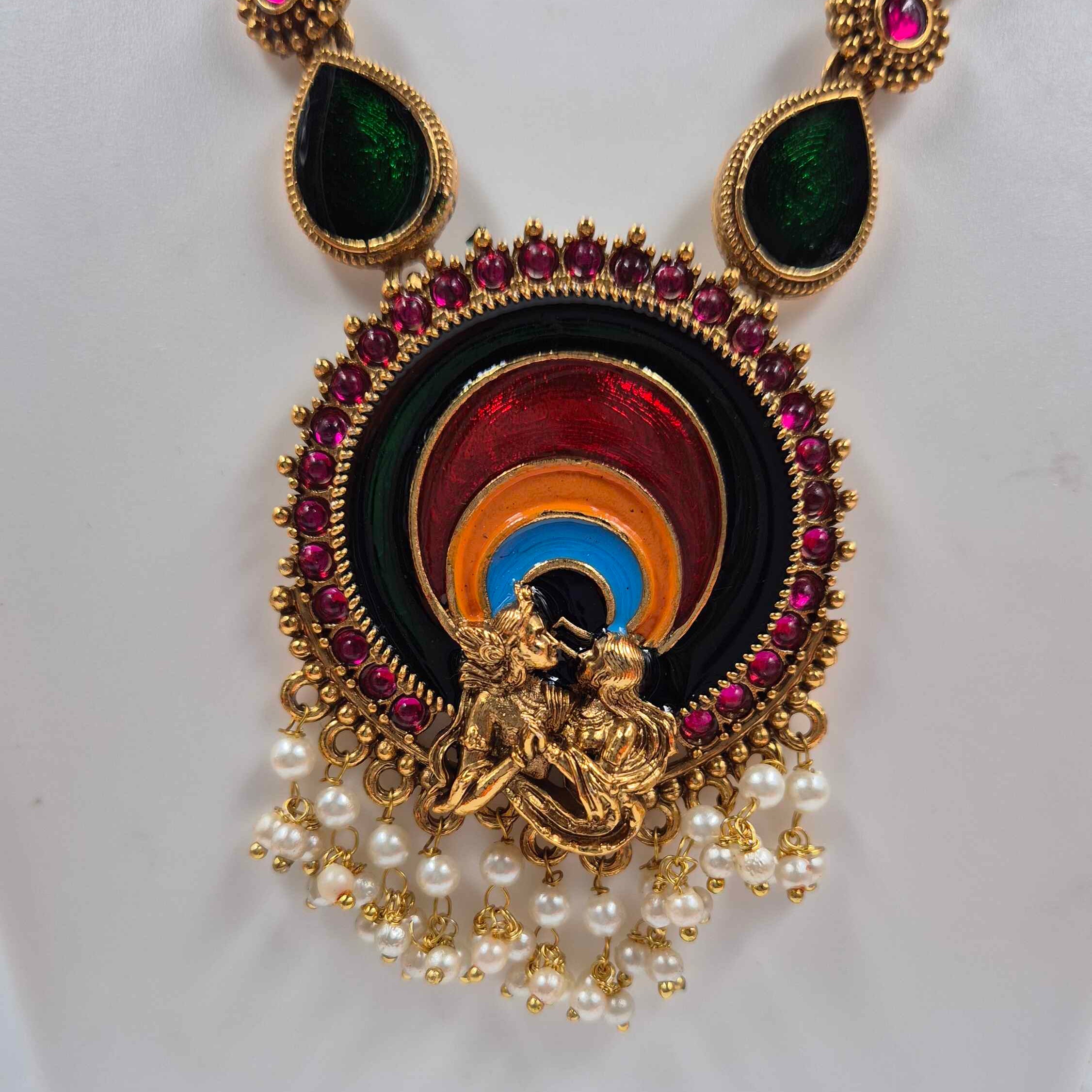 Radha Krishna Pendant Necklace with Green Teardrop Stones & Pearl Tassels