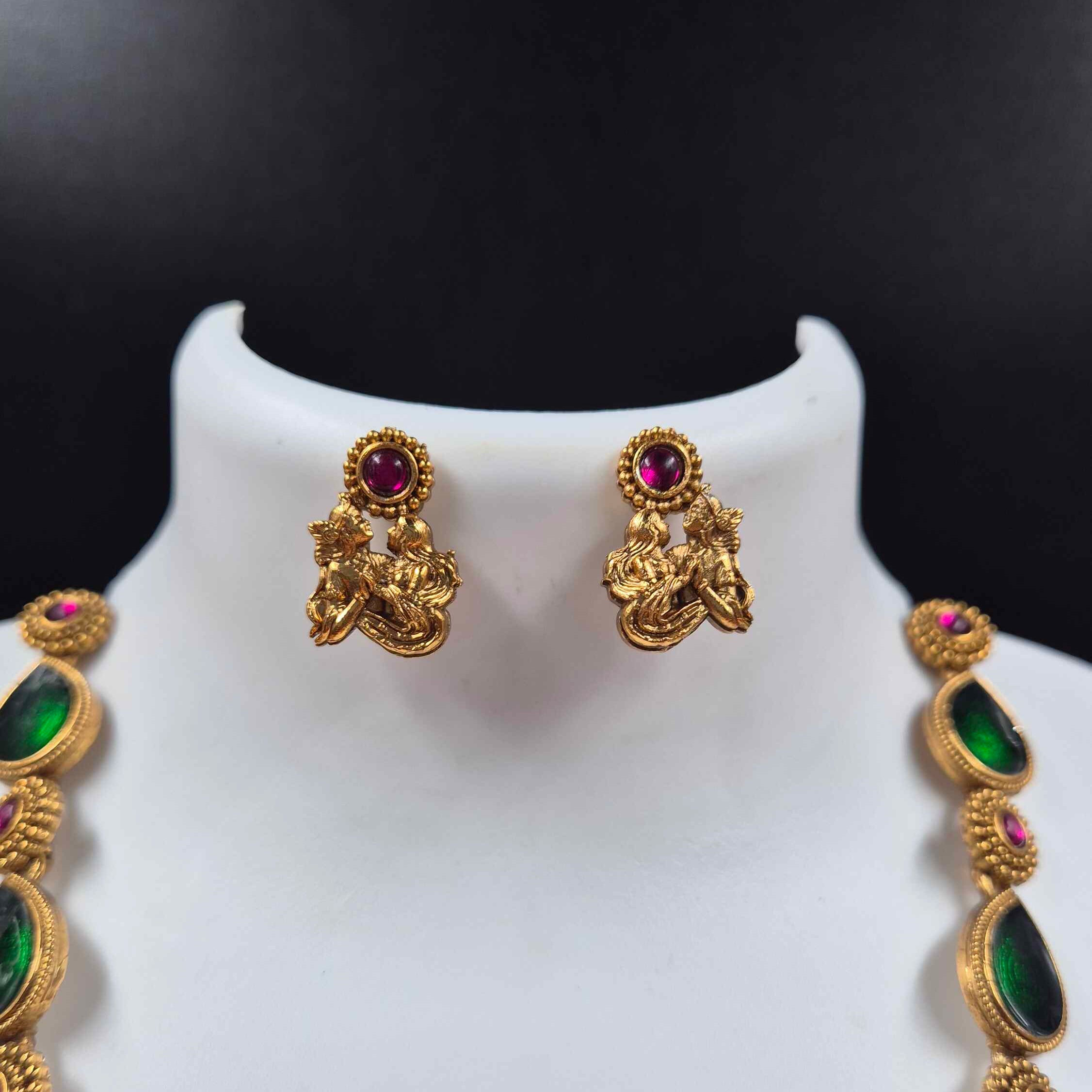 Radha Krishna Pendant Necklace with Green Teardrop Stones & Pearl Tassels