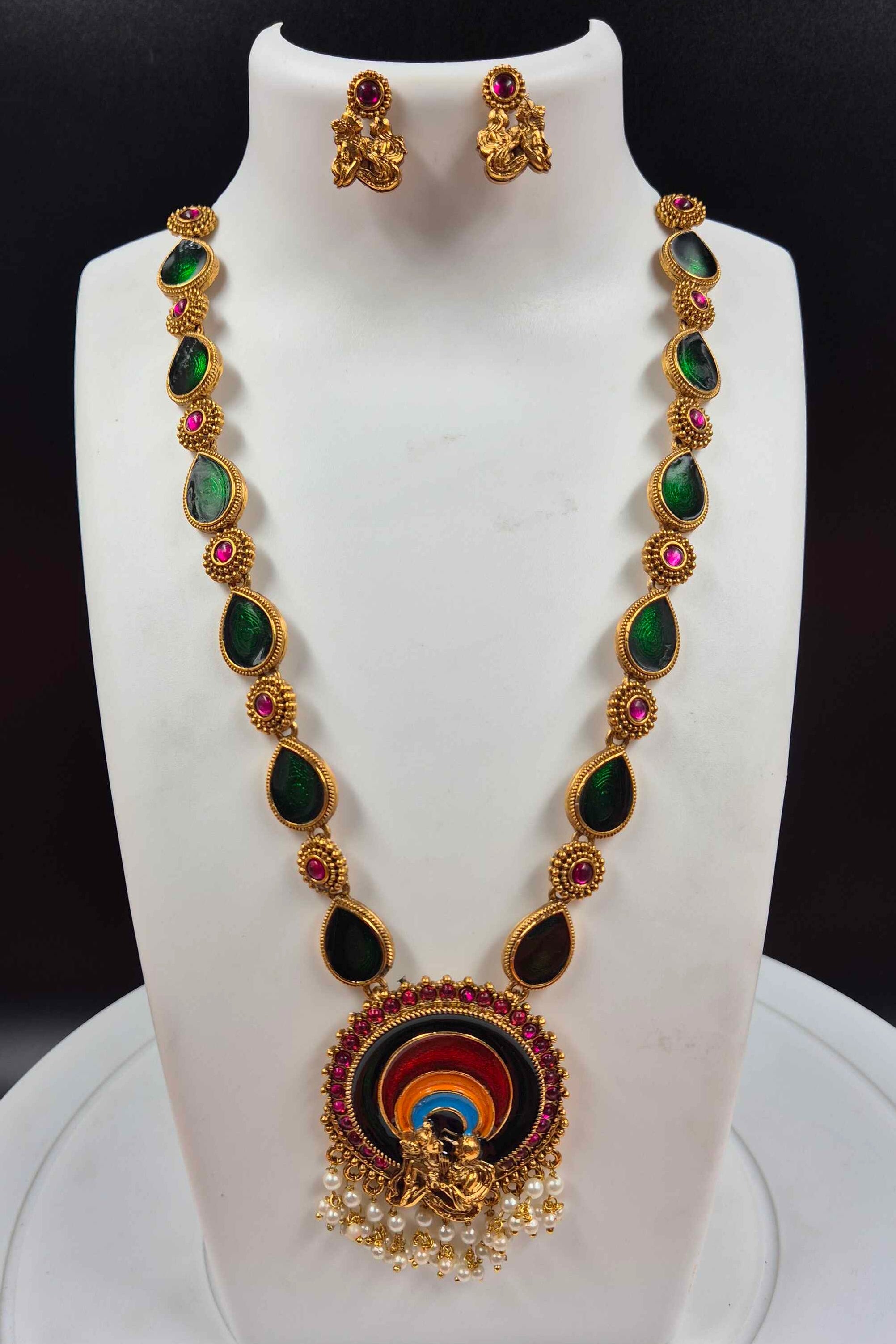 Radha Krishna Pendant Necklace with Green Teardrop Stones & Pearl Tassels