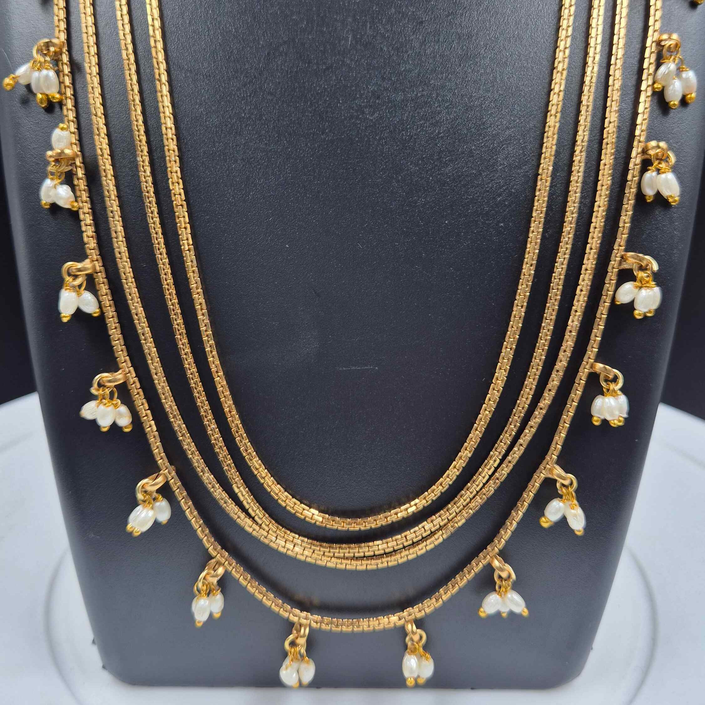 Elegant Multi-Layer Antique Gold Necklace Set with Pearl Drops