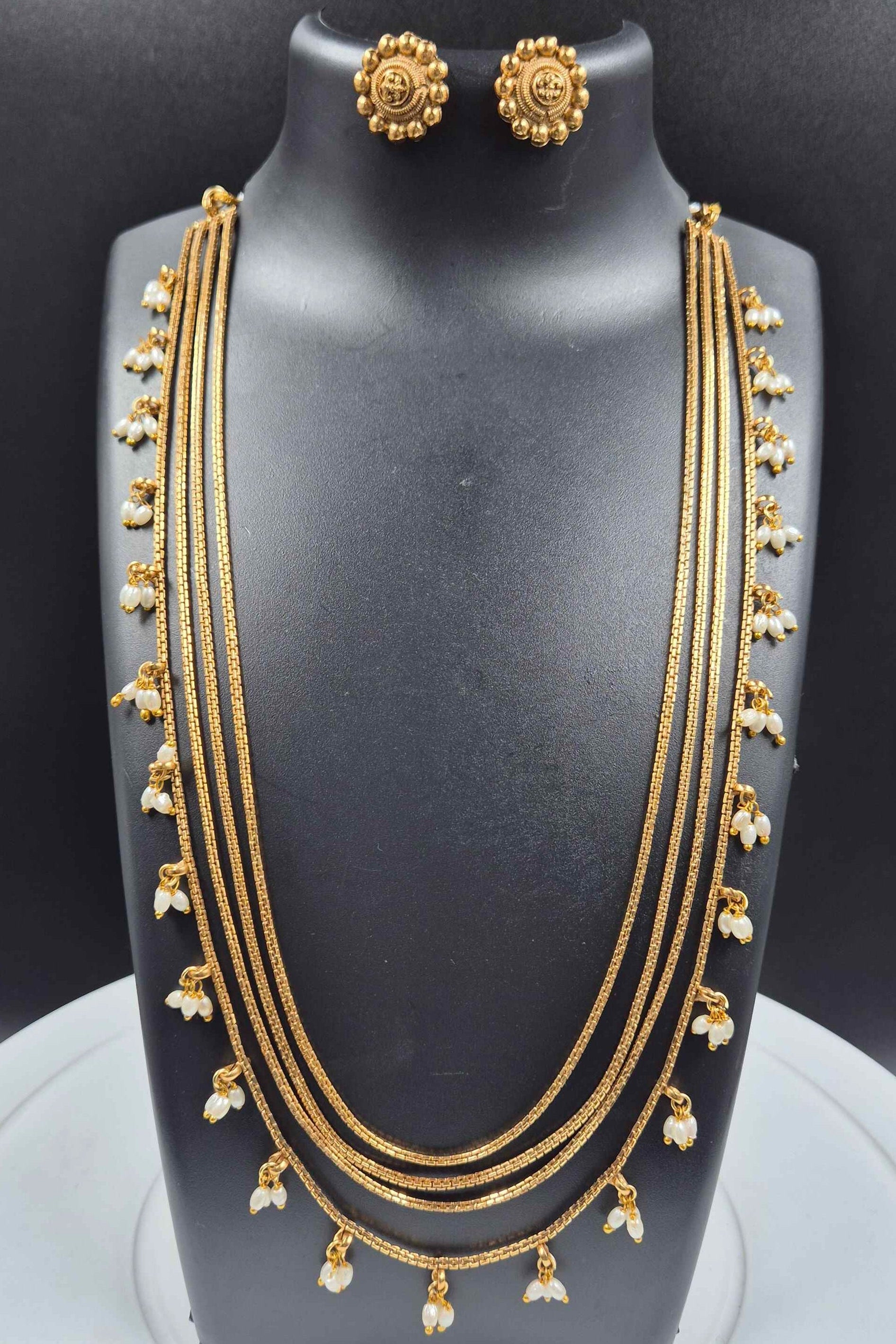 Elegant Multi-Layer Antique Gold Necklace Set with Pearl Drops
