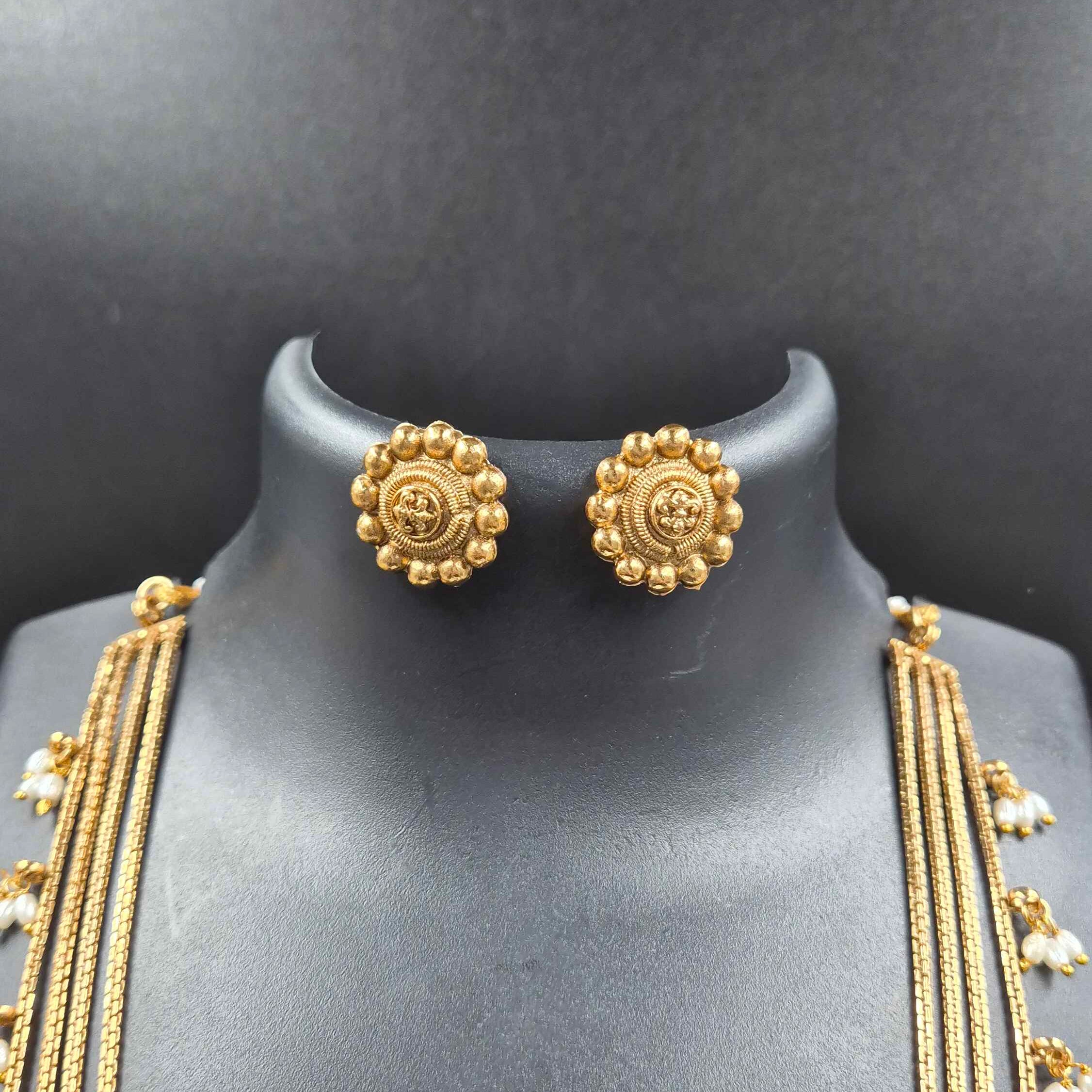 Elegant Multi-Layer Antique Gold Necklace Set with Pearl Drops
