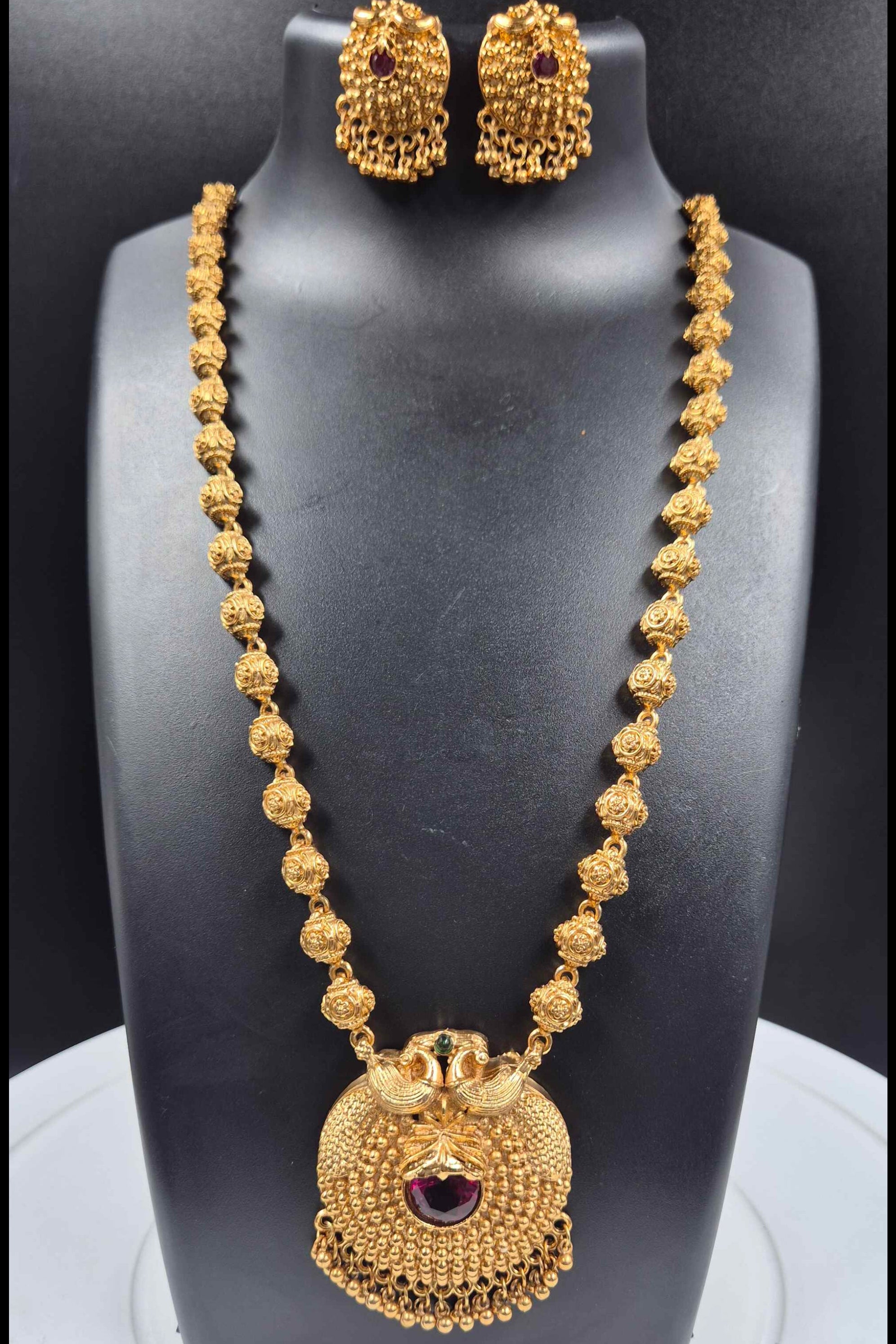 Antique Peacock Long Haram Necklace Set with Ruby Accent Pendant
